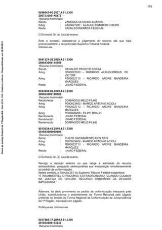 0056643-60.2007.4.01.3300
200733009145675
Recurso Inominado
Recdo : VANESSA OLIVEIRA SOARES
Advg. : BA00027287 - GLAUCO HUMBERTO BORK
Recte : CAIXA ECONOMICA FEDERAL
O Exmo(a). Sr.(a) Juiz(a) exarou:
Ante o exposto, sobreste-se o julgamento do recurso até que haja
pronunciamento a respeito pelo Supremo Tribunal Federal.
Intimem-se.
0041321-29.2009.4.01.3300
200933009164059
Recurso Inominado
Recdo : GERALDO PEIXOTO COSTA
Advg. : DF00022050 - RODRIGO ALBUQUERQUE DE
VICTOR
Advg. : PE00022713 - RICARDO ANDRE BANDEIRA
MARQUES
Recte : UNIAO FEDERAL
0043948-06.2009.4.01.3300
200933009190993
Recurso Inominado
Recdo/recte : DOMINGOS MELO FILHO
Advg. : PE00023400 - MARCO ANTONIO ACIOLI
Advg. : PE00022713 - RICARDO ANDRE BANDEIRA
MARQUES
Advg. : PE00028268 - FILIPE BRAUN
Recdo/recte : UNIAO FEDERAL
Recte/recdo : UNIAO FEDERAL
Recte/recdo : DOMINGOS MELO FILHO
0013634-43.2010.4.01.3300
201033009069686
Recurso Inominado
Recte : ELIENE SACRAMENTO DOS REIS
Advg. : PE00023400 - MARCO ANTONIO ACIOLI
Advg. : PE00022713 - RICARDO ANDRE BANDEIRA
MARQUES
Recdo : UNIAO FEDERAL
O Exmo(a). Sr.(a) Juiz(a) exarou:
Revogo a decisão anterior no que tange à admissão do recurso
extraordinário, porquanto extemporânea sua interposição simultaneamente
ao pedido de uniformização.
Nesse sentido, a Súmula 281 do Supremo Tribunal Federal estabelece:
“É INADMISSÍVEL O RECURSO EXTRAORDINÁRIO, QUANDO COUBER
NA JUSTIÇA DE ORIGEM, RECURSO ORDINÁRIO DA DECISÃO
IMPUGNADA.”
.....
Ademais, foi dado provimento ao pedido de uniformização interposto pela
União, substituindo-se o entendimento da Turma Recursal pelo julgado
proferido no âmbito da Turma Regional de Uniformização de Jurisprudência
da 1ª Região, transitado em julgado.
Publique-se. Intimem-se.
0037865-37.2010.4.01.3300
201033009163249
Recurso Inominado
179
DiáriodaJustiçaFederalda1ªRegião/BA-AnoVIIN.105-CadernoJudicial-Disponibilizadoem08/06/2015
 