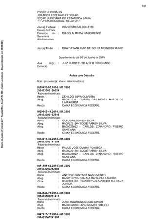 PODER JUDICIARIO
JUIZADOS ESPECIAIS FEDERAIS
SEÇÃO JUDICIÁRIA DO ESTADO DA BAHIA
1ª TURMA RECURSAL: RELATOR-1
Juiz(a) Federal
Diretor do Foro
: IRAN ESMERALDO LEITE
Diretor(a) da
Secretaria
Administrativa
: DIEGO ALMEIDA NASCIMENTO
Juiz(a) Titular : DRA.DAYANA BIÃO DE SOUZA MOINHOS MUNIZ
Expediente do dia 05 de Junho de 2015
Atos do(a)
Exmo(a)
: JUIZ SUBSTITUTO A SER DESIGNADO
Autos com Decisão
No(s) processo(s) abaixo relacionado(s) :
0029426-95.2014.4.01.3300
201433000150524
Recurso Inominado
Recte : ZENILDO SILVA OLIVEIRA
Advg. : BA00013381 - MARIA DAS NEVES MATOS DE
LIMA HURST
Recdo : CAIXA ECONOMICA FEDERAL
0029643-41.2014.4.01.3300
201433000152648
Recurso Inominado
Recte : CLAUDINILSON DA SILVA
Advg. : BA00023186 - EDDIE PARISH SILVA
Advg. : BA00027022 - CARLOS ZENANDRO RIBEIRO
SANT ANA
Recdo : CAIXA ECONOMICA FEDERAL
0034215-40.2014.4.01.3300
201433000181354
Recurso Inominado
Recte : PAULO JOSE CUNHA FONSECA
Advg. : BA00023186 - EDDIE PARISH SILVA
Advg. : BA00027022 - CARLOS ZENANDRO RIBEIRO
SANT ANA
Recdo : CAIXA ECONOMICA FEDERAL
0041191-63.2014.4.01.3300
201433000212688
Recurso Inominado
Recte : ANTONIO SANTANA NASCIMENTO
Advg. : BA00010702 - DJALMA DA SILVA LEANDRO
Advg. : BA00030432 - WANDERVAL MACEDO DA SILVA
JUNIOR
Recdo : CAIXA ECONOMICA FEDERAL
0044844-73.2014.4.01.3300
201433000231417
Recurso Inominado
Recte : JOSE RODRIGUES DIAS JUNIOR
Advg. : BA00042868 - LIVIO GOMES RIBEIRO
Recdo : CAIXA ECONOMICA FEDERAL
0047415-17.2014.4.01.3300
201433000241301
181
DiáriodaJustiçaFederalda1ªRegião/BA-AnoVIIN.105-CadernoJudicial-Disponibilizadoem08/06/2015
 