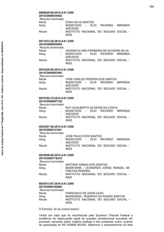 0008629-98.2014.4.01.3300
201433000039502
Recurso Inominado
Recte : EDNA SILVA SANTOS
Advg. : BA00015255 - ELIO RICARDO MIRANDA
AZEVEDO
Recdo : INSTITUTO NACIONAL DO SEGURO SOCIAL -
INSS
0011673-28.2014.4.01.3300
201433000055065
Recurso Inominado
Recte : JACEMA ELVIRA FERREIRA DE OLIVEIRA SILVA
Advg. : BA00015255 - ELIO RICARDO MIRANDA
AZEVEDO
Recdo : INSTITUTO NACIONAL DO SEGURO SOCIAL -
INSS
0016320-66.2014.4.01.3300
201433000083585
Recurso Inominado
Recte : JOSE CARLOS PEREIRA DOS SANTOS
Advg. : BA00015255 - ELIO RICARDO MIRANDA
AZEVEDO
Recdo : INSTITUTO NACIONAL DO SEGURO SOCIAL -
INSS
0016785-75.2014.4.01.3300
201433000087726
Recurso Inominado
Recte : RUY GUALBERTO OLIVEIRA DA COSTA
Advg. : BA00015255 - ELIO RICARDO MIRANDA
AZEVEDO
Recdo : INSTITUTO NACIONAL DO SEGURO SOCIAL -
INSS
0022507-90.2014.4.01.3300
201433000121941
Recurso Inominado
Recte : JOSE PAULO DOS SANTOS
Advg. : BA00015255 - ELIO RICARDO MIRANDA
AZEVEDO
Recdo : INSTITUTO NACIONAL DO SEGURO SOCIAL -
INSS
0033858-60.2014.4.01.3300
201433000178219
Recurso Inominado
Recte : ANTONIO SIMIAO DOS SANTOS
Advg. : BA00018066 - LEONARDO JORGE RANGEL DE
FREITAS PEREIRA
Recdo : INSTITUTO NACIONAL DO SEGURO SOCIAL -
INSS
0035513-67.2014.4.01.3300
201433000185084
Recurso Inominado
Recte : FRANCISCO DE ASSIS LEAO
Advg. : BA00036550 - RODRIGO DA PAIXÃO SANTOS
Recdo : INSTITUTO NACIONAL DO SEGURO SOCIAL -
INSS
O Exmo(a). Sr.(a) Juiz(a) exarou:
Tendo em vista que foi reconhecida pelo Supremo Tribunal Federal a
existência de repercussão geral da questão constitucional suscitada em
processo versando sobre matéria análoga à dos presentes autos, quando
da apreciação do RE 639856 RG/RS, determino o sobrestamento do feito
186
DiáriodaJustiçaFederalda1ªRegião/BA-AnoVIIN.105-CadernoJudicial-Disponibilizadoem08/06/2015
 