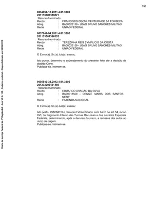 0034954-18.2011.4.01.3300
201133009379821
Recurso Inominado
Recdo : FRANCISCO CEZAR VENTURA DE SA FONSECA
Advg. : BA00026159 - JOAO BRUNO SANCHES MILITAO
Recte : UNIAO FEDERAL
0037749-94.2011.4.01.3300
201133009396252
Recurso Inominado
Recdo : TEREZINHA REIS SYMPLICIO DA COSTA
Advg. : BA00026159 - JOAO BRUNO SANCHES MILITAO
Recte : UNIAO FEDERAL
O Exmo(a). Sr.(a) Juiz(a) exarou:
Isto posto, determino o sobrestamento do presente feito até a decisão da
aludida Corte.
Publique-se. Intimem-se.
0005540-38.2012.4.01.3300
201233009461480
Recurso Inominado
Recdo : EDUARDO ARAGAO DA SILVA
Advg. : BA00018500 - DENIZE MARIA DOS SANTOS
NERY
Recte : FAZENDA NACIONAL
O Exmo(a). Sr.(a) Juiz(a) exarou:
Isto posto, INADMITO o Recurso Extraordinário, com fulcro no art. 54, inciso
XVI, do Regimento Interno das Turmas Recursais e dos Juizados Especiais
Federais, determinando, após o decurso do prazo, a remessa dos autos ao
Juízo de origem.
Publique-se. Intimem-se.
191
DiáriodaJustiçaFederalda1ªRegião/BA-AnoVIIN.105-CadernoJudicial-Disponibilizadoem08/06/2015
 