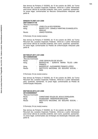 Nos termos da Portaria nº 03/2003, de 15 de outubro de 2003, da Turma
Recursal dos Juizados Especiais Federais, intime-se a parte interessada
para tomar ciência do acórdão proferido, bem como, querendo, apresentar,
no prazo legal, contrarrazões ao Recurso Extraordinário interposto pela
parte ré.
0056254-75.2007.4.01.3300
200733009141736
Recurso Inominado
Recte : JOSELITA ALVES PEREIRA
Advg. : BA00017378 - DANIELA MARTINS EVANGELISTA
ARAUJO
Recdo : UNIAO FEDERAL
O Exmo(a). Sr.(a) Juiz(a) exarou:
Nos termos da Portaria nº 03/2003, de 15 de outubro de 2003, da Turma
Recursal dos Juizados Especiais Federais, intime-se a parte interessada
para tomar ciência do acórdão proferido, bem como, querendo, apresentar,
no prazo legal, contrarrazões ao Pedido de Uniformização interposto pela
parte ré.
0017055-07.2011.4.01.3300
201133009293484
Recurso Inominado
Recte : JOSE GENIVALDO DE SOUZA
Advg. : BA00022140 - SORAYA MARIA TELES LIMA
FRANCO
Advg. : BA00025187 - ALEXANDRE FRANCO LOPES
Recdo : INSTITUTO NACIONAL DO SEGURO SOCIAL -
INSS
O Exmo(a). Sr.(a) Juiz(a) exarou:
Nos termos da Portaria nº 03/2003, de 15 de outubro de 2003, da Turma
Recursal dos Juizados Especiais Federais, intime-se a parte interessada
para, querendo, apresentar, no prazo legal, contrarrazões ao Pedido de
Uniformização interposto.
0027365-04.2013.4.01.3300
201333000080627
Recurso Inominado
Recte : CHRISTIANE SOUZA DE JESUS CERQUEIRA
Advg. : SC00023056 - ANDERSON MACOHIN
Recdo : INSTITUTO NACIONAL DO SEGURO SOCIAL -
INSS
O Exmo(a). Sr.(a) Juiz(a) exarou:
Nos termos da Portaria nº 03/2003, de 15 de outubro de 2003, da Turma
Recursal dos Juizados Especiais Federais, intime-se a parte interessada
para tomar ciência do acórdão proferido, bem como, querendo, apresentar,
no prazo legal, contrarrazões aos Embargos de Declaração interposto pela
parte ré.
195
DiáriodaJustiçaFederalda1ªRegião/BA-AnoVIIN.105-CadernoJudicial-Disponibilizadoem08/06/2015
 