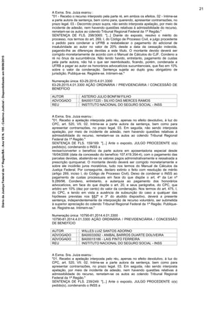 A Exma. Sra. Juiza exarou :
"01 - Recebo o recurso interposto pela parte ré, em ambos os efeitos. 02 - Intime-se
a parte autora da sentença, bem como para, querendo, apresentar contrarrazões, no
prazo legal. 03 - Decorrido prazo supra, não sendo interposta apelação, por meio de
incidente de adesão, nem havendo questões relativas à admissibilidade do recurso,
remetam-se os autos ao colendo Tribunal Regional Federal da 1ª Região."
SENTENÇA DE FLS. 298/3065: "[...] Diante do exposto, resolvo o mérito do
processo, nos termos do art. 269, I, do Código de Processo Civil, e julgo procedente
o pedido para condenar a UFRB a restabelecer o pagamento do adicional de
insalubridade ao autor no valor de 20% desde a data da cessação indevida,
pagando-lhe as diferenças devidas a este título. O montante devido deverá ser
corrigido monetariamente de acordo com o Manual de Cálculos do CJF. Condeno a
ré no ônus da sucumbência. Não tendo havido, entretanto, pagamento de custas
pela parte autora, não há o que ser reembolsado, ficando, porém, condenada a
UFRB a pagar ao autor os honorários advocatícios sucumbenciais, que fixo em 10%
sobre o valor da condenação. Sentença sujeita ao duplo grau obrigatório de
jurisdição. Publique-se. Registre-se. Intimem-se."
Numeração única: 63-29.2015.4.01.3300
63-29.2015.4.01.3300 AÇÃO ORDINÁRIA / PREVIDENCIÁRIA / CONCESSÃO DE
BENEFÍCIO
AUTOR : ASTERIO JULIO BONFIM FILHO
ADVOGADO : BA00017220 - SILVIO DAS MERCES RAMOS
REU : INSTITUTO NACIONAL DO SEGURO SOCIAL - INSS
A Exma. Sra. Juiza exarou :
"01. Recebo a apelação interposta pelo réu, apenas no efeito devolutivo, à luz do
CPC, art. 520, VII. 02. Intime-se a parte autora da sentença, bem como para
apresentar contrarrazões, no prazo legal. 03. Em seguida, não sendo interposta
apelação, por meio de incidente de adesão, nem havendo questões relativas à
admissibilidade do recurso, remetam-se os autos ao colendo Tribunal Regional
Federal da 1ª Região."
SENTENÇA DE FLS. 159/169: "[...] Ante o exposto, JULGO PROCEDENTE o(s)
pedido(s), condenando o INSS a
revisar/converter o benefício da parte autora em aposentadoria especial desde
16/04/2008 (data da concessão do benefício 107.419.354-4), com o pagamento das
parcelas devidas, abatendo-se os valores pagos administrativamente e ressalvada a
prescrição quinquenal. O montante devido deverá ser corrigido monetariamente e
sobre ele incidirão juros moratórios, tudo nos termos do Manual de Cálculos da
Justiça Federal. Por conseguinte, declaro extinto o feito com resolução de mérito
(artigo 269, inciso I, do Código de Processo Civil). Deixo de condenar o INSS ao
pagamento de custas processuais em face do que dispõe o art. 4º da Lei nº
9.289/96. Condeno, entretanto, a autarquia ao pagamento dos honorários
advocatícios, em face do que dispõe o art. 20, e seus parágrafos, do CPC, que
arbitro em 10% (dez por cento) do valor da condenação. Nos termos do art. 475, I,
do CPC, e tendo em vista a ausência de subsunção do caso a qualquer das
hipóteses previstas nos §§2º e 3º do aludido dispositivo, deverá a presente
sentença, independentemente da interposição de recurso voluntário, ser submetida
à superior apreciação do colendo Tribunal Regional Federal da 1ª Região. Publique-
se. Registre-se. Intimem-se."
Numeração única: 10790-81.2014.4.01.3300
10790-81.2014.4.01.3300 AÇÃO ORDINÁRIA / PREVIDENCIÁRIA / CONCESSÃO
DE BENEFÍCIO
AUTOR : WILLES LUIZ SANTOS ADORNO
ADVOGADO : BA00033092 - ANIBAL BARROS DUARTE DOLIVEIRA
ADVOGADO : BA00015186 - LAIS PINTO FERREIRA
REU : INSTITUTO NACIONAL DO SEGURO SOCIAL - INSS
A Exma. Sra. Juiza exarou :
"01. Recebo a apelação interposta pelo réu, apenas no efeito devolutivo, à luz do
CPC, art. 520, VII. 02. Intime-se a parte autora da sentença, bem como para
apresentar contrarrazões, no prazo legal. 03. Em seguida, não sendo interposta
apelação, por meio de incidente de adesão, nem havendo questões relativas à
admissibilidade do recurso, remetam-se os autos ao colendo Tribunal Regional
Federal da 1ª Região."
SENTENÇA DE FLS. 239/249: "[...] Ante o exposto, JULGO PROCEDENTE o(s)
pedido(s), condenando o INSS a
21
DiáriodaJustiçaFederalda1ªRegião/BA-AnoVIIN.105-CadernoJudicial-Disponibilizadoem08/06/2015
 