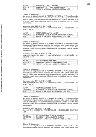 AUTOR : ADRIANO NOGUEIRA DA GAMA
ADVOGADO : BA00023588 - BILLY PAUL AMARAL COSTA
REU : INSTITUTO NACIONAL DO SEGURO SOCIAL INSS
O Exmo. Sr. Juiz exarou :
Nos termos do artigo 1º, inciso I, da PORTARIA Nº1/2014, da 3ª Vara da Subseção
Judiciária de Feira de Santana, abro vista dos presentes autos à parte autora, pelo
prazo de 10(dez) dias, para se manifestar sobre os cálculos juntados aos autos. Fica
advertida a parte autora que seu silêncio implica concordância com os valores
apresentados.
Numeração única: 2938-62.2012.4.01.3304
2938-62.2012.4.01.3304 CÍVEL / PREVIDENCIÁRIO / CONCESSÃO DE
BENEFÍCIO / JEF
AUTOR : ROGERIO DOS SANTOS NUNES
ADVOGADO : BA00033666 - MARCIA REGINA RODRIGUES DA SILVA
REU : INSTITUTO NACIONAL DO SEGURO SOCIAL INSS
O Exmo. Sr. Juiz exarou :
Nos termos do artigo 1º, inciso I, da PORTARIA Nº1/2014, da 3ª Vara da Subseção
Judiciária de Feira de Santana, abro vista dos presentes autos à parte autora, pelo
prazo de 10(dez) dias, para se manifestar sobre os cálculos juntados aos autos. Fica
advertida a parte autora que seu silêncio implica concordância com os valores
apresentados.
Numeração única: 4934-95.2012.4.01.3304
4934-95.2012.4.01.3304 CÍVEL / PREVIDENCIÁRIO / CONCESSÃO DE
BENEFÍCIO / JEF
AUTOR : TEREZA SILVA DE SANTANA
ADVOGADO : BA00021968 - GUSTAVO SANTANA OLIVEIRA
REU : INSTITUTO NACIONAL DO SEGURO SOCIAL INSS
O Exmo. Sr. Juiz exarou :
Nos termos do artigo 1º, inciso I, da PORTARIA Nº1/2014, da 3ª Vara da Subseção
Judiciária de Feira de Santana, abro vista dos presentes autos à parte autora, pelo
prazo de 10(dez) dias, para se manifestar sobre os cálculos juntados aos autos. Fica
advertida a parte autora que seu silêncio implica concordância com os valores
apresentados.
Numeração única: 8301-30.2012.4.01.3304
8301-30.2012.4.01.3304 CÍVEL / PREVIDENCIÁRIO / CONCESSÃO DE
BENEFÍCIO / JEF
AUTOR : ANA MARIA LOPES DE JESUS
ADVOGADO : BA00033666 - MARCIA REGINA RODRIGUES DA SILVA
REU : INSTITUTO NACIONAL DO SEGURO SOCIAL INSS
O Exmo. Sr. Juiz exarou :
Nos termos do artigo 1º, inciso I, da PORTARIA Nº1/2014, da 3ª Vara da Subseção
Judiciária de Feira de Santana, abro vista dos presentes autos à parte autora, pelo
prazo de 10(dez) dias, para se manifestar sobre os cálculos juntados aos autos. Fica
advertida a parte autora que seu silêncio implica concordância com os valores
apresentados.
Numeração única: 534-04.2013.4.01.3304
534-04.2013.4.01.3304 CÍVEL / PREVIDENCIÁRIO / CONCESSÃO DE BENEFÍCIO
/ JEF
AUTOR : ROQUE DOS SANTOS SANTA BARBARA
ADVOGADO : BA00029531 - FLAVIA GUSMAO DA SILVA
REU : INSTITUTO NACIONAL DO SEGURO SOCIAL INSS
O Exmo. Sr. Juiz exarou :
Nos termos do artigo 1º, inciso I, da PORTARIA Nº1/2014, da 3ª Vara da Subseção
Judiciária de Feira de Santana, abro vista dos presentes autos à parte autora, pelo
223
DiáriodaJustiçaFederalda1ªRegião/BA-AnoVIIN.105-CadernoJudicial-Disponibilizadoem08/06/2015
 