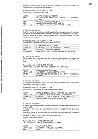 técnicos e apresentarem, querendo quesitos. Ressalte-se que, se necessário, este
Juízo formulará quesitos complementares. (...)
Numeração única: 9154-39.2012.4.01.3304
9154-39.2012.4.01.3304 MONITORIA
AUTOR : CAIXA ECONOMICA FEDERAL
RÉU : NETO BRINDES INDUSTRIA COMERCIO E TRANSPORTE
LTDA-ME
RÉU : AECIO DE PAULA PASSOS NETO
RÉU : ANA CLAUDIA SILVEIRA DOS SANTOS
ADVOGADO : BA00025258 - ANA PAULA GUIMARAES BORGES
O Exmo. Sr. Juiz exarou :
Indefiro o pedido de assistência judiciária gratuita formulado pela parte ré, sociedade
por cotas de responsabilidade limitada, porquanto não demonstrou ao juízo a
condição de hipossuficiente. Especifiquem as partes, fundamentalmente, as provas
que pretendem produzir.
Numeração única: 6146-20.2013.4.01.3304
6146-20.2013.4.01.3304 AÇÃO ORDINÁRIA / OUTRAS
AUTOR : CAIXA ECONOMICA FEDERAL
ADVOGADO : BA00021501 - RAFAEL VILAS BOAS COSTA CAL
REU : MUNICIPIO DE RAFAEL JAMBEIRO
ADVOGADO : BA00025038 - CARLA DE BRITO BORGES CERQUEIRA
O Exmo. Sr. Juiz exarou :
Dê-se vistas dos presentes autos as partes para especifiquem as provas que
pretendem produzir, indicando, desde logo, a sua finalidade. Prazo de 05 (cinco)
dias.
Numeração única: 12499-42.2014.4.01.3304
12499-42.2014.4.01.3304 MANDADO DE SEGURANÇA INDIVIDUAL
IMPTE : RAIMUNDO RIBEIRO PAIVA
ADVOGADO : BA00009459 - DILSON ALBERTO LOPES
IMPDO : SUPERITENDENTE REGIONAL DA CAIXA ECONOMICA
FEDERAL
O Exmo. Sr. Juiz exarou :
(...) intimar o impetrante, a fim de que retire a documentação original apresentada,
substituindo por cópias nos autos.
Numeração única: 6507-08.2011.4.01.3304
6507-08.2011.4.01.3304 AÇÃO ORDINÁRIA / TRIBUTÁRIA
AUTOR : LM REVENDEDORA DE GAS ANDRADE LTDA E OUTRO
ADVOGADO : BA00019470 - JOSE CAETANO DE MENEZES NETO
ADVOGADO : BA00011332 - JOSE ROBERTO CAJADO DE MENEZES
REU : AGENCIA NACIONAL DO PETROLEO - ANP
O Exmo. Sr. Juiz exarou :
O pedido de prova testemunhal formulado pela parte autora não se mostra capaz de
resolver a lide
e afastar a presunção de legitimidade do auto de infração lavrado pela parte
contrária.
Quanto ao pedido de prova pericial, não especifica fundamentadamente a espécie a
ser produzida,
tornando-se preclusa nesta quadra processual este pleito.
Indefiro, pois o pleito autoral.
Numeração única: 11774-53.2014.4.01.3304
11774-53.2014.4.01.3304 AÇÃO ORDINÁRIA / OUTRAS
AUTOR : SILVIA SANTOS SILVA
ADVOGADO : BA00041084 - ROQUE DA SILVA MOTA
REU : UNIAO
231
DiáriodaJustiçaFederalda1ªRegião/BA-AnoVIIN.105-CadernoJudicial-Disponibilizadoem08/06/2015
 