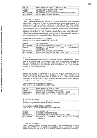 REQTE : MINISTERIO PUBLICO FEDERAL E OUTRO
PROCUR : - ISRAEL GONCALVES SANTOS SILVA
REQDO : FELISBERTO ALMEIDA FILHO
ADVOGADO : BA00008340 - JOSE JORGE PEREGRINO DE CARVALHO
ADVOGADO : BA00014644 - MARCIA CARVALHO
O Exmo. Sr. Juiz exarou :
Defiro o pedido formulado pelo MPF às fls. 336/337. Intime-se a parte executada
para efetuar o pagamento no prazo de 15 (quinze) dias, sob pena de multa de 10%
(dez por cento) sobre o montante, nos termos do art. 475-J, do CPC. Fica a parte
executada advertida de que: a) o escoamento do prazo para pagamento enseja
desdobramentos quanto a serem devidos honorários advocatícios à parte adversa ;
e b) eventual impugnação ao cumprimento de sentença só poderá versar acerca das
hipóteses previstas no art. 475, L do CPC.Ultrapassado o prazo estipulado acima,
com ou sem pagamento/manifestação, abra-se vista ao exequente para requerer o
que entender de direito, no prazo de 10 dias. Cumpra-se. Intime-se.
Numeração única: 2384-15.2012.4.01.3309
2384-15.2012.4.01.3309 EMBARGOS À EXECUÇÃO
EMBTE : UNIAO FEDERAL
ADVOGADO : BA00014995 - REINALDO DE SOUZA COUTO FILHO
EMBDO : MARQUES, MOREIRA E COSTA ADVOGADOS
ASSOCIADOS S/C
ADVOGADO : BA00016294 - JULIANO SOUZA COSTA
ADVOGADO : BA00016292 - VINICIUS MACHADO MARQUES
O Exmo. Sr. Juiz exarou :
I . Recebo os embargos para discussão, posto que próprios e tempestivos. II . Dê-se
vista ao embargado para impugnação no prazo legal. III. Suspendo o andamento
dos autos principais, conforme requerido, nos termos do art. 739-A, § 1º do CPC. IV.
Proceda a secretaria ao apensamento deste procedimento aos autos da ação
principal nº 2006.33.09.000848-4
FL. 172.
Verifico, da certidão de publicação de fl. 168, que a parte embargada não fora
devidamente intimada quanto ao teor do despacho de fl. 167. Assim, chamo o feito à
ordem par o fim de tornar sem efeito a certidão de fl. 171. Proceda-se a nova
publicação do despacho de 167, após o devido cadastramento do patrono da parte
embargada no sistema processual. Cumpra-se.
Numeração única: 1465-89.2013.4.01.3309
1465-89.2013.4.01.3309 EXECUÇÃO DA PENA
REQTE : MINISTERIO PUBLICO FEDERAL
REQDO : CARMELITA FAGUNDES DOS SANTOS
ADVOGADO : BA00018319 - ANA MONICA MALHEIROS PORTO
ADVOGADO : BA00026993 - BRUNA CARLA NOGUEIRA DOS SANTOS
O Exmo. Sr. Juiz exarou :
Determino a suspensão da tramitação do feito, em razão do cumprimento de pena
substitutiva. Aguarde-se o término do período. Intime-se
Numeração única: 2059-69.2014.4.01.3309
2059-69.2014.4.01.3309 CUMPRIMENTO DE SENTENCA
EXQTE : UNIAO FEDERAL
EXCDO : RANULFO VERISSIMO NEVES
ADVOGADO : BA00008167 - JOAQUIM CARDOSO FERNANDES
ADVOGADO : BA00008705 - JUSSARA TELMA ALVES DE SOUZA
FERNANDES
O Exmo. Sr. Juiz exarou :
Defiro o pedido formulado pela parte exequente à fl. 128. Reclassifique-se os autos
para a classe 4100. Intime-se a parte executada para efetuar o pagamento no prazo
de 15 (quinze) dias, sob pena de multa de 10% (dez por cento) sobre o montante,
239
DiáriodaJustiçaFederalda1ªRegião/BA-AnoVIIN.105-CadernoJudicial-Disponibilizadoem08/06/2015
 