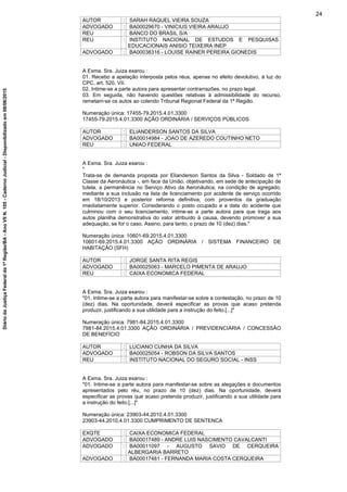 AUTOR : SARAH RAQUEL VIEIRA SOUZA
ADVOGADO : BA00029670 - VINICIUS VIEIRA ARAUJO
REU : BANCO DO BRASIL S/A
REU : INSTITUTO NACIONAL DE ESTUDOS E PESQUISAS
EDUCACIONAIS ANISIO TEIXEIRA INEP
ADVOGADO : BA00038316 - LOUISE RAINER PEREIRA GIONEDIS
A Exma. Sra. Juiza exarou :
01. Recebo a apelação interposta pelos réus, apenas no efeito devolutivo, à luz do
CPC, art. 520, VII.
02. Intime-se a parte autora para apresentar contrarrazões, no prazo legal.
03. Em seguida, não havendo questões relativas à admissibilidade do recurso,
remetam-se os autos ao colendo Tribunal Regional Federal da 1ª Região.
Numeração única: 17455-79.2015.4.01.3300
17455-79.2015.4.01.3300 AÇÃO ORDINÁRIA / SERVIÇOS PÚBLICOS
AUTOR : ELIANDERSON SANTOS DA SILVA
ADVOGADO : BA00014984 - JOAO DE AZEREDO COUTINHO NETO
REU : UNIAO FEDERAL
A Exma. Sra. Juiza exarou :
"
Trata-se de demanda proposta por Elianderson Santos da Silva - Soldado de 1ª
Classe da Aeronáutica -, em face da União, objetivando, em sede de antecipação de
tutela, a permanência no Serviço Ativo da Aeronáutica, na condição de agregado,
mediante a sua inclusão na lista de licenciamento por acidente de serviço ocorrido
em 18/10/2013 e posterior reforma definitiva, com proventos da graduação
imediatamente superior. Considerando o posto ocupado e a data do acidente que
culminou com o seu licenciamento, intime-se a parte autora para que traga aos
autos planilha demonstrativa do valor atribuído à causa, devendo promover a sua
adequação, se for o caso. Assino, para tanto, o prazo de 10 (dez) dias."
Numeração única: 10601-69.2015.4.01.3300
10601-69.2015.4.01.3300 AÇÃO ORDINÁRIA / SISTEMA FINANCEIRO DE
HABITAÇÃO (SFH)
AUTOR : JORGE SANTA RITA REGIS
ADVOGADO : BA00025063 - MARCELO PIMENTA DE ARAUJO
REU : CAIXA ECONOMICA FEDERAL
A Exma. Sra. Juiza exarou :
"01. Intime-se a parte autora para manifestar-se sobre a contestação, no prazo de 10
(dez) dias. Na oportunidade, deverá especificar as provas que acaso pretenda
produzir, justificando a sua utilidade para a instrução do feito.[...]"
Numeração única: 7981-84.2015.4.01.3300
7981-84.2015.4.01.3300 AÇÃO ORDINÁRIA / PREVIDENCIÁRIA / CONCESSÃO
DE BENEFÍCIO
AUTOR : LUCIANO CUNHA DA SILVA
ADVOGADO : BA00025054 - ROBSON DA SILVA SANTOS
REU : INSTITUTO NACIONAL DO SEGURO SOCIAL - INSS
A Exma. Sra. Juiza exarou :
"01. Intime-se a parte autora para manifestar-se sobre as alegações e documentos
apresentados pelo réu, no prazo de 10 (dez) dias. Na oportunidade, deverá
especificar as provas que acaso pretenda produzir, justificando a sua utilidade para
a instrução do feito.[...]"
Numeração única: 23903-44.2010.4.01.3300
23903-44.2010.4.01.3300 CUMPRIMENTO DE SENTENCA
EXQTE : CAIXA ECONOMICA FEDERAL
ADVOGADO : BA00017489 - ANDRE LUIS NASCIMENTO CAVALCANTI
ADVOGADO : BA00011097 - AUGUSTO SAVIO DE CERQUEIRA
ALBERGARIA BARRETO
ADVOGADO : BA00017481 - FERNANDA MARIA COSTA CERQUEIRA
24
DiáriodaJustiçaFederalda1ªRegião/BA-AnoVIIN.105-CadernoJudicial-Disponibilizadoem08/06/2015
 