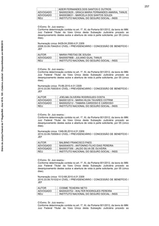 ADEIR FERNANDES DOS SANTOS E OUTROS
ADVOGADO : BA00023629 - GRACA MARIA FERNANDES AMARAL TANUS
ADVOGADO : BA00038631 - MARCELA DOS SANTOS SOUZA
REU : INSTITUTO NACIONAL DO SEGURO SOCIAL - INSS
O Exmo. Sr. Juiz exarou :
Conforme determinação contida no art. 1º, XI, da Portaria 001/2012, da lavra do MM.
Juiz Federal Titular da Vara Única desta Subseção Judiciária procedo ao
desarquivamento destes autos e abertura de vista à parte solicitante, por 05 (cinco
dias).
Numeração única: 6429-04.2008.4.01.3309
2008.33.09.704420-0 CÍVEL / PREVIDENCIÁRIO / CONCESSÃO DE BENEFÍCIO /
JEF
AUTOR : MARIA FREITAS DE SOUSA
ADVOGADO : BA0000786B - JULIANO GUAL TANUS
REU : INSTITUTO NACIONAL DO SEGURO SOCIAL - INSS
O Exmo. Sr. Juiz exarou :
Conforme determinação contida no art. 1º, XI, da Portaria 001/2012, da lavra do MM.
Juiz Federal Titular da Vara Única desta Subseção Judiciária procedo ao
desarquivamento destes autos e abertura de vista à parte solicitante, por 05 (cinco
dias).
Numeração única: 75-89.2010.4.01.3309
2010.33.09.700030-6 CÍVEL / PREVIDENCIÁRIO / CONCESSÃO DE BENEFÍCIO /
JEF
AUTOR : JOELMA OLIVEIRA RODRIGUES COSTA
ADVOGADO : BA00012014 - MARIA HILDA TAVARES COTRIM
ADVOGADO : BA00025212 - TAMARA CARDOSO E CARDOSO
REU : INSTITUTO NACIONAL DO SEGURO SOCIAL - INSS
O Exmo. Sr. Juiz exarou :
Conforme determinação contida no art. 1º, XI, da Portaria 001/2012, da lavra do MM.
Juiz Federal Titular da Vara Única desta Subseção Judiciária procedo ao
desarquivamento destes autos e abertura de vista à parte solicitante, por 05 (cinco
dias).
Numeração única: 1348-06.2010.4.01.3309
2010.33.09.700956-0 CÍVEL / PREVIDENCIÁRIO / CONCESSÃO DE BENEFÍCIO /
JEF
AUTOR : BALBINO FRANCISCO PAES
ADVOGADO : BA00040070 - ANTONINO FILHO DIAS PEREIRA
ADVOGADO : BA00037356 - JALDO SILVA DE OLIVEIRA
REU : INSTITUTO NACIONAL DO SEGURO SOCIAL - INSS
O Exmo. Sr. Juiz exarou :
Conforme determinação contida no art. 1º, XI, da Portaria 001/2012, da lavra do MM.
Juiz Federal Titular da Vara Única desta Subseção Judiciária procedo ao
desarquivamento destes autos e abertura de vista à parte solicitante, por 05 (cinco
dias).
Numeração única: 1512-68.2010.4.01.3309
2010.33.09.701032-4 CÍVEL / PREVIDENCIÁRIO / CONCESSÃO DE BENEFÍCIO /
JEF
AUTOR : COSME TEIXEIRA NETO
ADVOGADO : BA00020702 - WALTER RODRIGUES PEREIRA
REU : INSTITUTO NACIONAL DO SEGURO SOCIAL - INSS
O Exmo. Sr. Juiz exarou :
Conforme determinação contida no art. 1º, XI, da Portaria 001/2012, da lavra do MM.
Juiz Federal Titular da Vara Única desta Subseção Judiciária procedo ao
257
DiáriodaJustiçaFederalda1ªRegião/BA-AnoVIIN.105-CadernoJudicial-Disponibilizadoem08/06/2015
 