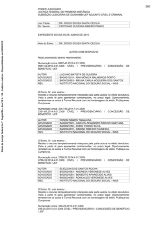 PODER JUDICIÁRIO
JUSTIÇA FEDERAL DE PRIMEIRA INSTÂNCIA
SUBSEÇÃO JUDICIÁRIA DE GUANAMBI-JEF ADJUNTO CÍVEL E CRIMINAL
Juiz Titular : DR. DIOGO SOUZA SANTA CECILIA
Dir. Secret. : CRISTIANO OLIVEIRA RIBEIRO PRADO
EXPEDIENTE DO DIA 05 DE JUNHO DE 2015
Atos do Exmo. : DR. DIOGO SOUZA SANTA CECILIA
AUTOS COM DESPACHO
No(s) processo(s) abaixo relacionado(s)
Numeração única: 6687-43.2010.4.01.3309
6687-43.2010.4.01.3309 CÍVEL / PREVIDENCIÁRIO / CONCESSÃO DE
BENEFÍCIO / JEF
AUTOR : LUCIANO BATISTA DE OLIVEIRA
ADVOGADO : BA00018319 - ANA MONICA MALHEIROS PORTO
ADVOGADO : BA00026993 - BRUNA CARLA NOGUEIRA DOS SANTOS
REU : INSTITUTO NACIONAL DO SEGURO SOCIAL - INSS
O Exmo. Sr. Juiz exarou :
Recebo o recurso tempestivamente interposto pela parte autora no efeito devolutivo.
Vista a parte ré para apresentar contrarrazões, no prazo legal. Oportunamente,
remetam-se os autos à Turma Recursal com as homenagens de estilo. Publique-se.
Cumpra-se.
Numeração única: 3351-89.2014.4.01.3309
3351-89.2014.4.01.3309 CÍVEL / PREVIDENCIÁRIO / CONCESSÃO DE
BENEFÍCIO / JEF
AUTOR : EDSON RAMOS TANAJURA
ADVOGADO : BA00027022 - CARLOS ZENANDRO RIBEIRO SANT ANA
ADVOGADO : BA00023186 - EDDIE PARISH SILVA
ADVOGADO : BA00024276 - SIMONE RIBEIRO PALMEIRA
REU : INSTITUTO NACIONAL DO SEGURO SOCIAL - INSS
O Exmo. Sr. Juiz exarou :
Recebo o recurso tempestivamente interposto pela parte autora no efeito devolutivo.
Vista a parte ré para apresentar contrarrazões, no prazo legal. Oportunamente,
remetam-se os autos à Turma Recursal com as homenagens de estilo. Publique-se.
Cumpra-se.
Numeração única: 3788-33.2014.4.01.3309
3788-33.2014.4.01.3309 CÍVEL / PREVIDENCIÁRIO / CONCESSÃO DE
BENEFÍCIO / JEF
AUTOR : ELIELSON DOS SANTOS ROCHA
ADVOGADO : BA00024083 - ANDRESA VERONESE ALVES
ADVOGADO : BA00024084 - BENEDITO APARECIDO ALVES
ADVOGADO : BA00024080 - ROMUALDO VERONESE ALVES
REU : INSTITUTO NACIONAL DO SEGURO SOCIAL - INSS
O Exmo. Sr. Juiz exarou :
Recebo o recurso tempestivamente interposto pela parte autora no efeito devolutivo.
Vista a parte ré para apresentar contrarrazões, no prazo legal. Oportunamente,
remetam-se os autos à Turma Recursal com as homenagens de estilo. Publique-se.
Cumpra-se.
Numeração única: 346-25.2015.4.01.3309
346-25.2015.4.01.3309 CÍVEL / PREVIDENCIÁRIO / CONCESSÃO DE BENEFÍCIO
/ JEF
260
DiáriodaJustiçaFederalda1ªRegião/BA-AnoVIIN.105-CadernoJudicial-Disponibilizadoem08/06/2015
 