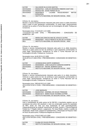 AUTOR : SALVADOR SILVA DOS SANTOS
ADVOGADO : BA00027022 - CARLOS ZENANDRO RIBEIRO SANT ANA
ADVOGADO : BA00023186 - EDDIE PARISH SILVA
ADVOGADO : BA00038916 - LUCIANA KRUSCHEWSKY MATOS
CERQUEIRA
REU : INSTITUTO NACIONAL DO SEGURO SOCIAL - INSS
O Exmo. Sr. Juiz exarou :
Recebo o recurso tempestivamente interposto pela parte autora no efeito devolutivo.
Vista a parte ré para apresentar contrarrazões, no prazo legal. Oportunamente,
remetam-se os autos à Turma Recursal com as homenagens de estilo. Publique-se.
Cumpra-se.
Numeração única: 1112-20.2011.4.01.3309
1112-20.2011.4.01.3309 CÍVEL / PREVIDENCIÁRIO / CONCESSÃO DE
BENEFÍCIO / JEF
AUTOR : MARIA DAS GRACAS ANA DE JESUS E OUTRO
ADVOGADO : BA00020947 - PAULO RENATO ALVES DE OLIVEIRA
REU : INSTITUTO NACIONAL DO SEGURO SOCIAL - INSS
O Exmo. Sr. Juiz exarou :
Recebo o recurso tempestivamente interposto pela parte ré no efeito devolutivo.
Intime-se a parte autora do teor da sentença e para apresentar contrarrazões no
prazo legal. Oportunamente, remetam-se os autos à Turma Recursal com as
homenagens de estilo. Publique-se. Cumpra-se.
Numeração única: 44-93.2015.4.01.3309
44-93.2015.4.01.3309 CÍVEL / PREVIDENCIÁRIO / CONCESSÃO DE BENEFÍCIO /
JEF
AUTOR : LEONIDAS BOA SORTE SOBRINHO
ADVOGADO : BA00008505 - JOSE AUGUSTO CARDOSO BOMFIM
ADVOGADO : BA00037187 - RAFAEL BOMFIM COSTA
REU : INSTITUTO NACIONAL DO SEGURO SOCIAL - INSS
O Exmo. Sr. Juiz exarou :
Recebo o recurso tempestivamente interposto pela parte ré no efeito devolutivo.
Intime-se a parte autora do teor da sentença e para apresentar contrarrazões no
prazo legal. Oportunamente, remetam-se os autos à Turma Recursal com as
homenagens de estilo. Publique-se. Cumpra-se.
Numeração única: 1992-46.2010.4.01.3309
2010.33.09.701347-0 CÍVEL / PREVIDENCIÁRIO / CONCESSÃO DE BENEFÍCIO /
JEF
AUTOR : JOSE MARQUES
ADVOGADO : BA00007642 - ADERBAL DE SOUZA TRINDADE
ADVOGADO : BA00012014 - MARIA HILDA TAVARES COTRIM
REU : INSTITUTO NACIONAL DO SEGURO SOCIAL - INSS
O Exmo. Sr. Juiz exarou :
Ante a manifestação da parte autora ás fls.108/109, é importante registrar que as
secretarias dos juízos não atualizam o valor da condenação quando da expedição
da RPV, tendo em vista que essa atualização se dará automaticamente,
independentemente de qualquer requerimento da parte, quando o Tribunal Regional
Federal da 1ª Região realizar o pagamento. Por essa Razão, indefiro o pedido de
atualização. Deste modo, expeça-se imediatamente, a Requisição de Pequeno Valor
em favor da parte autora. Publique-se.Registre-se.Intime-se.
Numeração única: 2176-07.2007.4.01.3309
2007.33.09.700728-8 CÍVEL / PREVIDENCIÁRIO / CONCESSÃO DE BENEFÍCIO /
JEF
AUTOR : ELIANA DE SOUZA PEREIRA
REU : INSTITUTO NACIONAL DO SEGURO SOCIAL - INSS
261
DiáriodaJustiçaFederalda1ªRegião/BA-AnoVIIN.105-CadernoJudicial-Disponibilizadoem08/06/2015
 