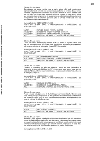 O Exmo. Sr. Juiz exarou :
Compulsando os autos, verifico que a parte autora não está regularmente
representada, tendo em vista não constar nos autos termo de curatela. Dessa forma,
intime-se a representante constituída nos autos (Laurinda de Souza Pereira) para
que, no prazo de 10(dez) dias, apresente termo de curatela da parte autora, ainda
que provisório, ou o comprovante do ajuizamento da ação de interdição,devidamente
acompanhado dos documentos pessoais (RG e CPF)do curador,sob pena de
arquivamento dos autos.Publique-se.
Numeração única: 4828-84.2013.4.01.3309
4828-84.2013.4.01.3309 CÍVEL / PREVIDENCIÁRIO / CONCESSÃO DE
BENEFÍCIO / JEF
AUTOR : RITA DE CASSIA PEREIRA BARROS
ADVOGADO : BA00027369 - DIOGO ANDRADE SANTANA
ADVOGADO : BA00018804 - LEONARDO GOULART SOARES
REU : INSTITUTO NACIONAL DO SEGURO SOCIAL - INSS
O Exmo. Sr. Juiz exarou :
Tendo em vista a manifestação ministral de fl.130, intime-se a parte autora, para
que, no derradeiro prazo de 10(dez) dias, regularize a representação processual,
sob pena de extinção do feito. Após, vista ao MPF. Cumpra-se.
Numeração única: 5108-21.2014.4.01.3309
5108-21.2014.4.01.3309 CÍVEL / PREVIDENCIÁRIO / CONCESSÃO DE
BENEFÍCIO / JEF
AUTOR : AILTON FERNANDES NEVES
ADVOGADO : BA00007642 - ADERBAL DE SOUZA TRINDADE
REU : INSTITUTO NACIONAL DO SEGURO SOCIAL - INSS
O Exmo. Sr. Juiz exarou :
Converto o julgamento do feito em diligência. Tendo em vista contestação e
documento juntado pelo INSS ás fls.67/71, intime-se a parte autora para que, no
prazo de 10 dias, informe se persiste interesse no prosseguimento do feito,sob pena
de extinção.Cumpra-se.
Numeração única: 1430-95.2014.4.01.3309
1430-95.2014.4.01.3309 CÍVEL / PREVIDENCIÁRIO / CONCESSÃO DE
BENEFÍCIO / JEF
AUTOR : NEIDIANE SANTOS SILVA
ADVOGADO : BA00034200 - DANILO MOREIRA ROCHA
REU : INSTITUTO NACIONAL DO SEGURO SOCIAL - INSS
O Exmo. Sr. Juiz exarou :
Tendo em vista o laudo médico de fls.44/50 e parecer ministral de fl.118,intime-se a
parte autora para que,no prazo de 30 dias,,junte aos autos termos de curatela,ainda
que provisório,obtido junto ao juízo competente,regularizando a representação.sob
pena de extinção do feito.Cumpra-se.
Numeração única: 2627-51.2015.4.01.3309
2627-51.2015.4.01.3309 CÍVEL / PREVIDENCIÁRIO / CONCESSÃO DE
BENEFÍCIO / JEF
AUTOR : ANA MORAES DE SOUZA
REU : INSTITUTO NACIONAL DO SEGURO SOCIAL - INSS
O Exmo. Sr. Juiz exarou :
A criança é parte ilegítima para figurar no pólo ativo do processo que visa concessão
judicial de Salário-Maternidade, pois seu nascimento é somente o fato que dá ensejo
ao requerimento do beneficio pela segunda da previdência social. Assim, intime-se o
patrono constituído nos autos para que emende a inicial, no prazo de 10 (dez) dias,
sob pena de extinção do processo sem resolução do mérito. Publique-se.
Numeração única: 675-37.2015.4.01.3309
262
DiáriodaJustiçaFederalda1ªRegião/BA-AnoVIIN.105-CadernoJudicial-Disponibilizadoem08/06/2015
 