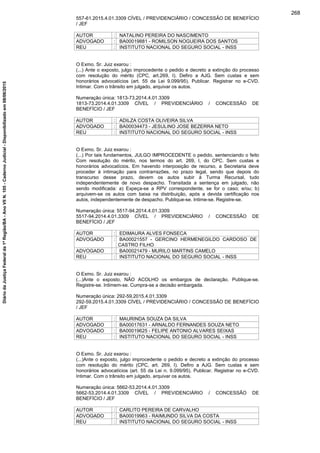 557-61.2015.4.01.3309 CÍVEL / PREVIDENCIÁRIO / CONCESSÃO DE BENEFÍCIO
/ JEF
AUTOR : NATALINO PEREIRA DO NASCIMENTO
ADVOGADO : BA00019881 - ROMILSON NOGUEIRA DOS SANTOS
REU : INSTITUTO NACIONAL DO SEGURO SOCIAL - INSS
O Exmo. Sr. Juiz exarou :
(...) Ante o exposto, julgo improcedente o pedido e decreto a extinção do processo
com resolução do mérito (CPC, art.269, I). Defiro a AJG. Sem custas e sem
honorários advocatícios (art. 55 da Lei 9.099/95). Publicar. Registrar no e-CVD.
Intimar. Com o trânsito em julgado, arquivar os autos.
Numeração única: 1813-73.2014.4.01.3309
1813-73.2014.4.01.3309 CÍVEL / PREVIDENCIÁRIO / CONCESSÃO DE
BENEFÍCIO / JEF
AUTOR : ADILZA COSTA OLIVEIRA SILVA
ADVOGADO : BA00034473 - JESULINO JOSE BEZERRA NETO
REU : INSTITUTO NACIONAL DO SEGURO SOCIAL - INSS
O Exmo. Sr. Juiz exarou :
(...) Por tais fundamentos, JULGO IMPROCEDENTE o pedido, sentenciando o feito
Com resolução do mérito, nos termos do art. 269, I, do CPC. Sem custas e
honorários advocatícios. Em havendo interposição de recurso, a Secretaria deve
proceder à intimação para contrarrazões, no prazo legal, sendo que depois do
transcurso desse prazo, devem os autos subir à Turma Recursal, tudo
independentemente de novo despacho. Transitada a sentença em julgado, não
sendo modificada: a) Expeça-se a RPV correspondente, se for o caso; e/ou; b)
arquivem-se os autos com baixa na distribuição, após a devida certificação nos
autos, independentemente de despacho. Publique-se. Intime-se. Registre-se.
Numeração única: 5517-94.2014.4.01.3309
5517-94.2014.4.01.3309 CÍVEL / PREVIDENCIÁRIO / CONCESSÃO DE
BENEFÍCIO / JEF
AUTOR : EDIMAURA ALVES FONSECA
ADVOGADO : BA00021557 - GERCINO HERMENEGILDO CARDOSO DE
CASTRO FILHO
ADVOGADO : BA00021479 - MURILO MARTINS CAMELO
REU : INSTITUTO NACIONAL DO SEGURO SOCIAL - INSS
O Exmo. Sr. Juiz exarou :
(...)Ante o exposto, NÃO ACOLHO os embargos de declaração. Publique-se.
Registre-se. Intimem-se. Cumpra-se a decisão embargada.
Numeração única: 292-59.2015.4.01.3309
292-59.2015.4.01.3309 CÍVEL / PREVIDENCIÁRIO / CONCESSÃO DE BENEFÍCIO
/ JEF
AUTOR : MAURINDA SOUZA DA SILVA
ADVOGADO : BA00017631 - ARNALDO FERNANDES SOUZA NETO
ADVOGADO : BA00019625 - FELIPE ANTONIO ALVARES SEIXAS
REU : INSTITUTO NACIONAL DO SEGURO SOCIAL - INSS
O Exmo. Sr. Juiz exarou :
(...)Ante o exposto, julgo improcedente o pedido e decreto a extinção do processo
com resolução do mérito (CPC, art. 269, I). Defiro a AJG. Sem custas e sem
honorários advocatícios (art. 55 da Lei n. 9.099/95). Publicar. Registrar no e-CVD.
Intimar. Com o trânsito em julgado, arquivar os autos.
Numeração única: 5662-53.2014.4.01.3309
5662-53.2014.4.01.3309 CÍVEL / PREVIDENCIÁRIO / CONCESSÃO DE
BENEFÍCIO / JEF
AUTOR : CARLITO PEREIRA DE CARVALHO
ADVOGADO : BA00019963 - RAIMUNDO SILVA DA COSTA
REU : INSTITUTO NACIONAL DO SEGURO SOCIAL - INSS
268
DiáriodaJustiçaFederalda1ªRegião/BA-AnoVIIN.105-CadernoJudicial-Disponibilizadoem08/06/2015
 
