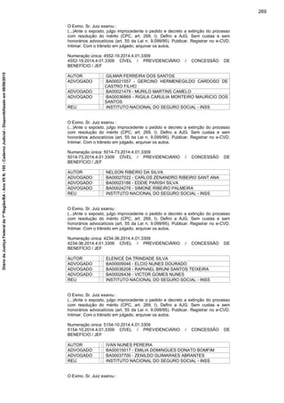 O Exmo. Sr. Juiz exarou :
(...)Ante o exposto, julgo improcedente o pedido e decreto a extinção do processo
com resolução do mérito (CPC, art. 269, I). Defiro a AJG. Sem custas e sem
honorários advocatícios (art. 55 da Lei n. 9.099/95). Publicar. Registrar no e-CVD.
Intimar. Com o trânsito em julgado, arquivar os autos.
Numeração única: 4552-19.2014.4.01.3309
4552-19.2014.4.01.3309 CÍVEL / PREVIDENCIÁRIO / CONCESSÃO DE
BENEFÍCIO / JEF
AUTOR : GILMAR FERREIRA DOS SANTOS
ADVOGADO : BA00021557 - GERCINO HERMENEGILDO CARDOSO DE
CASTRO FILHO
ADVOGADO : BA00021479 - MURILO MARTINS CAMELO
ADVOGADO : BA00036869 - RIGILA CARULIA MONTEIRO MAURICIO DOS
SANTOS
REU : INSTITUTO NACIONAL DO SEGURO SOCIAL - INSS
O Exmo. Sr. Juiz exarou :
(...)Ante o exposto, julgo improcedente o pedido e decreto a extinção do processo
com resolução do mérito (CPC, art. 269, I). Defiro a AJG. Sem custas e sem
honorários advocatícios (art. 55 da Lei n. 9.099/95). Publicar. Registrar no e-CVD.
Intimar. Com o trânsito em julgado, arquivar os autos.
Numeração única: 5014-73.2014.4.01.3309
5014-73.2014.4.01.3309 CÍVEL / PREVIDENCIÁRIO / CONCESSÃO DE
BENEFÍCIO / JEF
AUTOR : NELSON RIBEIRO DA SILVA
ADVOGADO : BA00027022 - CARLOS ZENANDRO RIBEIRO SANT ANA
ADVOGADO : BA00023186 - EDDIE PARISH SILVA
ADVOGADO : BA00024276 - SIMONE RIBEIRO PALMEIRA
REU : INSTITUTO NACIONAL DO SEGURO SOCIAL - INSS
O Exmo. Sr. Juiz exarou :
(...)Ante o exposto, julgo improcedente o pedido e decreto a extinção do processo
com resolução do mérito (CPC, art. 269, I). Defiro a AJG. Sem custas e sem
honorários advocatícios (art. 55 da Lei n. 9.099/95). Publicar. Registrar no e-CVD.
Intimar. Com o trânsito em julgado, arquivar os autos.
Numeração única: 4234-36.2014.4.01.3309
4234-36.2014.4.01.3309 CÍVEL / PREVIDENCIÁRIO / CONCESSÃO DE
BENEFÍCIO / JEF
AUTOR : ELENICE DA TRINDADE SILVA
ADVOGADO : BA00009046 - ELCIO NUNES DOURADO
ADVOGADO : BA00036208 - RAPHAEL BRUNI SANTOS TEIXEIRA
ADVOGADO : BA00026438 - VICTOR GOMES NUNES
REU : INSTITUTO NACIONAL DO SEGURO SOCIAL - INSS
O Exmo. Sr. Juiz exarou :
(...)Ante o exposto, julgo improcedente o pedido e decreto a extinção do processo
com resolução do mérito (CPC, art. 269, I). Defiro a AJG. Sem custas e sem
honorários advocatícios (art. 55 da Lei n. 9.099/95). Publicar. Registrar no e-CVD.
Intimar. Com o trânsito em julgado, arquivar os autos.
Numeração única: 5154-10.2014.4.01.3309
5154-10.2014.4.01.3309 CÍVEL / PREVIDENCIÁRIO / CONCESSÃO DE
BENEFÍCIO / JEF
AUTOR : IVAN NUNES PEREIRA
ADVOGADO : BA00015017 - EMILIA DOMINGUES DONATO BOMFIM
ADVOGADO : BA00037700 - ZENILDO GUIMARAES ABRANTES
REU : INSTITUTO NACIONAL DO SEGURO SOCIAL - INSS
O Exmo. Sr. Juiz exarou :
269
DiáriodaJustiçaFederalda1ªRegião/BA-AnoVIIN.105-CadernoJudicial-Disponibilizadoem08/06/2015
 