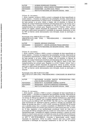 AUTOR : ACIBINO RODRIGUES TEIXEIRA
ADVOGADO : BA00023629 - GRACA MARIA FERNANDES AMARAL TANUS
ADVOGADO : BA0000786B - JULIANO GUAL TANUS
REU : INSTITUTO NACIONAL DO SEGURO SOCIAL - INSS
O Exmo. Sr. Juiz exarou :
(...)Ante o exposto, condeno o INSS a cumprir a obrigação de fazer especificada no
quadro abaixo(...) Condeno ao pagamento das prestações vencidas, observando-se
os parâmetros especificados no quadro acima. A atualização, a partir do vencimento
de cada parcela, e os juros, desde a citação, são os previstos no Manual de
Cálculos da Justiça Federal para benefícios previdenciários (2013). De acordo com a
planilha anexa, fica o montante consolidado em R$ 5714,37. Defiro a AJG. Sem
custas/honorários em primeiro grau. Registrar no e-CVD. Publicar. Intimar. Com o
trânsito em julgado, expedir requisição de pagamento, intimar as partes, inclusive
para que a parte autora acompanhe a tramitação da requisição diretamente no sítio
do TRF na internet, sendo desnecessária nova intimação, exceto se atermação, e
arquivar.
Numeração única: 5466-83.2014.4.01.3309
5466-83.2014.4.01.3309 CÍVEL / PREVIDENCIÁRIO / CONCESSÃO DE
BENEFÍCIO / JEF
AUTOR : MANOEL MESSIAS GONZAGA
ADVOGADO : BA00028731 - LINCON JACKSON FRAGA AZEVEDO
REU : INSTITUTO NACIONAL DO SEGURO SOCIAL - INSS
O Exmo. Sr. Juiz exarou :
(...)Ante o exposto, condeno o INSS a cumprir a obrigação de fazer especificada no
quadro abaixo(...) Condeno ao pagamento das prestações vencidas, observando-se
os parâmetros especificados no quadro acima. A atualização, a partir do vencimento
de cada parcela, e os juros, desde a citação, são os previstos no Manual de
Cálculos da Justiça Federal para benefícios previdenciários (2013). De acordo com a
planilha anexa, fica o montante consolidado em R$ 7096,18. Defiro a AJG. Sem
custas/honorários em primeiro grau. Registrar no e-CVD. Publicar. Intimar. Com o
trânsito em julgado, expedir requisição de pagamento, intimar as partes, inclusive
para que a parte autora acompanhe a tramitação da requisição diretamente no sítio
do TRF na internet, sendo desnecessária nova intimação, exceto se atermação, e
arquivar.
Numeração única: 606-10.2012.4.01.3309
606-10.2012.4.01.3309 CÍVEL / PREVIDENCIÁRIO / CONCESSÃO DE BENEFÍCIO
/ JEF
AUTOR : NATIVIDADE OLIVEIRA SANTOS REPRESENTADA POR
JOSE DILSON OLIVEIRA SANTOS
ADVOGADO : BA00019410 - ALEXANDRE GABRIEL DUARTE
ADVOGADO : BA00024849 - GUSTAVO MARQUES FERNANDES
REU : INSTITUTO NACIONAL DO SEGURO SOCIAL - INSS
O Exmo. Sr. Juiz exarou :
(...)Ante exposto , condeno o INSS a cumprir a obrigação de fazer especificada no
quadro abaixo. (...)Condeno ao pagamento das prestações vencidas, observando-se
os parâmetros especificados no quadro acima.Os cálculos deverão ser realizados
nos termos do Manual de Cálculos da Justiça Federal mantendo-se a observância
ao art. 1º-F da Lei nº 9.494/97, com a redação dada pela Lei nº 11.960/2009, a partir
de 30 de junho de 2009 [cf. STF, RE 870.947, Rel. Min Luiz Fux, com repercussão
geral reconhecida em 16/04/2015 (frise-se: posterior à decisão da modulação dos
efeitos da decisão das ADIs nº.s 4357 e 4425, ocorrida em 25/03/2015)]. De acordo
com a planilha anexa, fica o montante consolidado em R$39.835,79. Defiro a AJG.
Sem custas/honorários em primeiro grau.Intime-se a parte autora para que, no prazo
de 10 dias, regularize a sua representação processual, tendo em vista que a
procuração de fl.08 foi outorgada pelo seu curador em nome próprio e não como seu
representante legal. Transitada em julgado a presente sentença, o patrono do autor
deverá no mesmo prazo promover a juntada aos autos de contrato de honorários por
escrito(original ou cópia) firmado com esta ( em cumprimento da sentença proferida
na ACP nº 2007.33.09.000620-0). Cumprida a determinação acima, expedir
requisição de pagamento, intimar as partes, inclusive para que a parte autora
acompanhe a tramitação da requisição diretamente no sítio do TRF na internet,
280
DiáriodaJustiçaFederalda1ªRegião/BA-AnoVIIN.105-CadernoJudicial-Disponibilizadoem08/06/2015
 