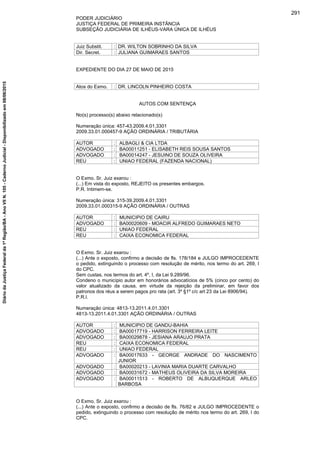 PODER JUDICIÁRIO
JUSTIÇA FEDERAL DE PRIMEIRA INSTÂNCIA
SUBSEÇÃO JUDICIÁRIA DE ILHÉUS-VARA ÚNICA DE ILHÉUS
Juiz Substit. : DR. WILTON SOBRINHO DA SILVA
Dir. Secret. : JULIANA GUIMARAES SANTOS
EXPEDIENTE DO DIA 27 DE MAIO DE 2015
Atos do Exmo. : DR. LINCOLN PINHEIRO COSTA
AUTOS COM SENTENÇA
No(s) processo(s) abaixo relacionado(s)
Numeração única: 457-43.2009.4.01.3301
2009.33.01.000457-9 AÇÃO ORDINÁRIA / TRIBUTÁRIA
AUTOR : ALBAGLI & CIA LTDA
ADVOGADO : BA00011251 - ELISABETH REIS SOUSA SANTOS
ADVOGADO : BA00014247 - JESUINO DE SOUZA OLIVEIRA
REU : UNIAO FEDERAL (FAZENDA NACIONAL)
O Exmo. Sr. Juiz exarou :
(...) Em vista do exposto, REJEITO os presentes embargos.
P.R. Intimem-se.
Numeração única: 315-39.2009.4.01.3301
2009.33.01.000315-9 AÇÃO ORDINÁRIA / OUTRAS
AUTOR : MUNICIPIO DE CAIRU
ADVOGADO : BA00020609 - MOACIR ALFREDO GUIMARAES NETO
REU : UNIAO FEDERAL
REU : CAIXA ECONOMICA FEDERAL
O Exmo. Sr. Juiz exarou :
(...) Ante o exposto, confirmo a decisão de fls. 178/184 e JULGO IMPROCEDENTE
o pedido, extinguindo o processo com resolução de mérito, nos termo do art. 269, I
do CPC.
Sem custas, nos termos do art. 4º, I, da Lei 9.289/96.
Condeno o município autor em honorários advocatícios de 5% (cinco por cento) do
valor atualizado da causa, em virtude da rejeição da preliminar, em favor dos
patronos dos réus a serem pagos pro rata (art. 3º §1º c/c art 23 da Lei 8906/94).
P.R.I.
Numeração única: 4813-13.2011.4.01.3301
4813-13.2011.4.01.3301 AÇÃO ORDINÁRIA / OUTRAS
AUTOR : MUNICIPIO DE GANDU-BAHIA
ADVOGADO : BA00017719 - HARRISON FERREIRA LEITE
ADVOGADO : BA00029878 - JESIANA ARAUJO PRATA
REU : CAIXA ECONOMICA FEDERAL
REU : UNIAO FEDERAL
ADVOGADO : BA00017633 - GEORGE ANDRADE DO NASCIMENTO
JUNIOR
ADVOGADO : BA00020213 - LAVINIA MARIA DUARTE CARVALHO
ADVOGADO : BA00031672 - MATHEUS OLIVEIRA DA SILVA MOREIRA
ADVOGADO : BA00011513 - ROBERTO DE ALBUQUERQUE ARLEO
BARBOSA
O Exmo. Sr. Juiz exarou :
(...) Ante o exposto, confirmo a decisão de fls. 76/82 e JULGO IMPROCEDENTE o
pedido, extinguindo o processo com resolução de mérito nos termo do art. 269, I do
CPC.
291
DiáriodaJustiçaFederalda1ªRegião/BA-AnoVIIN.105-CadernoJudicial-Disponibilizadoem08/06/2015
 