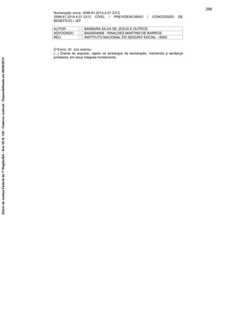 Numeração única: 3596-91.2014.4.01.3312
3596-91.2014.4.01.3312 CÍVEL / PREVIDENCIÁRIO / CONCESSÃO DE
BENEFÍCIO / JEF
AUTOR : BARBARA SILVA DE JESUS E OUTROS
ADVOGADO : BA00004898 - RINALDES MARTINS DE BARROS
REU : INSTITUTO NACIONAL DO SEGURO SOCIAL - INSS
O Exmo. Sr. Juiz exarou :
(...) Diante do exposto, rejeito os embargos de declaração, mantendo a sentença
prolatada, em seus integrais fundamento.
298
DiáriodaJustiçaFederalda1ªRegião/BA-AnoVIIN.105-CadernoJudicial-Disponibilizadoem08/06/2015
 