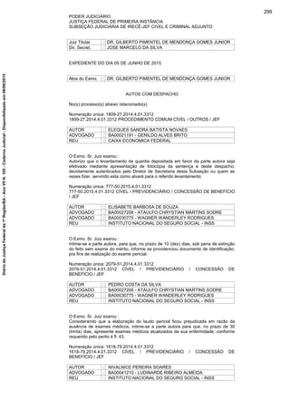 PODER JUDICIÁRIO
JUSTIÇA FEDERAL DE PRIMEIRA INSTÂNCIA
SUBSEÇÃO JUDICIÁRIA DE IRECÊ-JEF CIVEL E CRIMINAL ADJUNTO
Juiz Titular : DR. GILBERTO PIMENTEL DE MENDONÇA GOMES JUNIOR
Dir. Secret. : JOSE MARCELO DA SILVA
EXPEDIENTE DO DIA 05 DE JUNHO DE 2015
Atos do Exmo. : DR. GILBERTO PIMENTEL DE MENDONÇA GOMES JUNIOR
AUTOS COM DESPACHO
No(s) processo(s) abaixo relacionado(s)
Numeração única: 1809-27.2014.4.01.3312
1809-27.2014.4.01.3312 PROCEDIMENTO COMUM CÍVEL / OUTROS / JEF
AUTOR : ELEQUES SANDRA BATISTA NOVAES
ADVOGADO : BA00021191 - GENILDO ALVES BRITO
REU : CAIXA ECONOMICA FEDERAL
O Exmo. Sr. Juiz exarou :
Autorizo que o levantamento da quantia depositada em favor da parte autora seja
efetivado mediante apresentação de fotocópia da sentença e deste despacho,
devidamente autenticados pelo Diretor de Secretaria desta Subseção ou quem as
vezes fizer, servindo esta como alvará para o referido levantamento.
Numeração única: 777-50.2015.4.01.3312
777-50.2015.4.01.3312 CÍVEL / PREVIDENCIÁRIO / CONCESSÃO DE BENEFÍCIO
/ JEF
AUTOR : ELISABETE BARBOSA DE SOUZA
ADVOGADO : BA00027206 - ATAULFO CHRYSTIAN MARTINS SODRE
ADVOGADO : BA00030775 - WAGNER WANDERLEY RODRIGUES
REU : INSTITUTO NACIONAL DO SEGURO SOCIAL - INSS
O Exmo. Sr. Juiz exarou :
Intime-se a parte autora, para que, no prazo de 10 (dez) dias, sob pena de extinção
do feito sem exame do mérito, informe se providenciou documento de identificação,
pra fins de realização do exame pericial.
Numeração única: 2079-51.2014.4.01.3312
2079-51.2014.4.01.3312 CÍVEL / PREVIDENCIÁRIO / CONCESSÃO DE
BENEFÍCIO / JEF
AUTOR : PEDRO COSTA DA SILVA
ADVOGADO : BA00027206 - ATAULFO CHRYSTIAN MARTINS SODRE
ADVOGADO : BA00030775 - WAGNER WANDERLEY RODRIGUES
REU : INSTITUTO NACIONAL DO SEGURO SOCIAL - INSS
O Exmo. Sr. Juiz exarou :
Considerando que a elaboração do laudo pericial ficou prejudicada em razão da
ausência de exames médicos, intime-se a parte autora para que, no prazo de 30
(trinta) dias, apresente exames médicos atualizados da sua enfermidade, conforme
requerido pelo perito à fl. 43.
Numeração única: 1618-79.2014.4.01.3312
1618-79.2014.4.01.3312 CÍVEL / PREVIDENCIÁRIO / CONCESSÃO DE
BENEFÍCIO / JEF
AUTOR : NIVALNICE PEREIRA SOARES
ADVOGADO : BA00041210 - LUDINARDE RIBEIRO ALMEIDA
REU : INSTITUTO NACIONAL DO SEGURO SOCIAL - INSS
299
DiáriodaJustiçaFederalda1ªRegião/BA-AnoVIIN.105-CadernoJudicial-Disponibilizadoem08/06/2015
 
