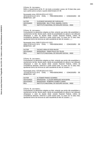 O Exmo. Sr. Juiz exarou :
Defiro o requerimento de fls. 51, de modo a conceder o prazo, de 10 (dez) dias, para
que a parte autora cumpra o quanto determinado à fl. 48.
Numeração única: 2816-54.2014.4.01.3312
2816-54.2014.4.01.3312 CÍVEL / PREVIDENCIÁRIO / CONCESSÃO DE
BENEFÍCIO / JEF
AUTOR : CLEONICE NICASSIO DE CARVALHO
ADVOGADO : BA00023588 - BILLY PAUL AMARAL COSTA
REU : INSTITUTO NACIONAL DO SEGURO SOCIAL - INSS
O Exmo. Sr. Juiz exarou :
Compulsando os elementos coligidos ao feito, entendo que ainda não possibilitam o
acertamento da lide. Sendo assim, diante da possibilidade do cálculo a ser efetuado
ultrapassar o valor da alçada deste Juizado Especial Federal, critério de
competência absoluta, intime-se a parte autora para, no prazo de 10 (dez) dias,
apresentar termo de renúncia ao valor excedente ao teto do Juizado. (...)
Numeração única: 2000-72.2014.4.01.3312
2000-72.2014.4.01.3312 CÍVEL / PREVIDENCIÁRIO / CONCESSÃO DE
BENEFÍCIO / JEF
AUTOR : GILDACI ARAUJO DOS ANJOS
ADVOGADO : BA00029530 - ANNA PAULA SA TELES
REU : INSTITUTO NACIONAL DO SEGURO SOCIAL - INSS
O Exmo. Sr. Juiz exarou :
Compulsando os elementos coligidos ao feito, entendo que ainda não possibilitam o
acertamento da lide. Sendo assim, diante da possibilidade do cálculo a ser efetuado
ultrapassar o valor da alçada deste Juizado Especial Federal, critério de
competência absoluta, intime-se a parte autora para, no prazo de 10 (dez) dias,
apresentar termo de renúncia ao valor excedente ao teto do Juizado. (...)
Numeração única: 1272-65.2013.4.01.3312
1272-65.2013.4.01.3312 CÍVEL / PREVIDENCIÁRIO / CONCESSÃO DE
BENEFÍCIO / JEF
AUTOR : ALTEMAR FRANCA SOARES
ADVOGADO : BA00020383 - CLAUDIA MARQUES NOGUEIRA
ADVOGADO : BA00020459 - ROBERIO GOMES CUNHA
REU : INSTITUTO NACIONAL DO SEGURO SOCIAL - INSS
O Exmo. Sr. Juiz exarou :
Compulsando os elementos coligidos ao feito, entendo que ainda não possibilitam o
acertamento da lide. Sendo assim, diante da possibilidade do cálculo a ser efetuado
ultrapassar o valor da alçada deste Juizado Especial Federal, critério de
competência absoluta, intime-se a parte autora para, no prazo de 10 (dez) dias,
apresentar termo de renúncia ao valor excedente ao teto do Juizado. (...)
300
DiáriodaJustiçaFederalda1ªRegião/BA-AnoVIIN.105-CadernoJudicial-Disponibilizadoem08/06/2015
 