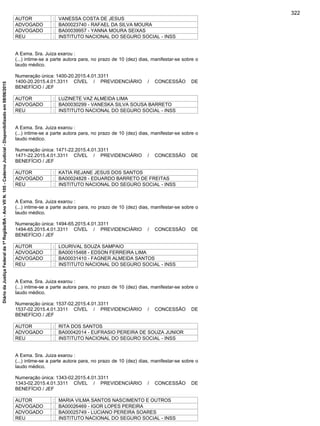 AUTOR : VANESSA COSTA DE JESUS
ADVOGADO : BA00023740 - RAFAEL DA SILVA MOURA
ADVOGADO : BA00039957 - YANNA MOURA SEIXAS
REU : INSTITUTO NACIONAL DO SEGURO SOCIAL - INSS
A Exma. Sra. Juiza exarou :
(...) intime-se a parte autora para, no prazo de 10 (dez) dias, manifestar-se sobre o
laudo médico.
Numeração única: 1400-20.2015.4.01.3311
1400-20.2015.4.01.3311 CÍVEL / PREVIDENCIÁRIO / CONCESSÃO DE
BENEFÍCIO / JEF
AUTOR : LUZINETE VAZ ALMEIDA LIMA
ADVOGADO : BA00030299 - VANESKA SILVA SOUSA BARRETO
REU : INSTITUTO NACIONAL DO SEGURO SOCIAL - INSS
A Exma. Sra. Juiza exarou :
(...) intime-se a parte autora para, no prazo de 10 (dez) dias, manifestar-se sobre o
laudo médico.
Numeração única: 1471-22.2015.4.01.3311
1471-22.2015.4.01.3311 CÍVEL / PREVIDENCIÁRIO / CONCESSÃO DE
BENEFÍCIO / JEF
AUTOR : KATIA REJANE JESUS DOS SANTOS
ADVOGADO : BA00024828 - EDUARDO BARRETO DE FREITAS
REU : INSTITUTO NACIONAL DO SEGURO SOCIAL - INSS
A Exma. Sra. Juiza exarou :
(...) intime-se a parte autora para, no prazo de 10 (dez) dias, manifestar-se sobre o
laudo médico.
Numeração única: 1494-65.2015.4.01.3311
1494-65.2015.4.01.3311 CÍVEL / PREVIDENCIÁRIO / CONCESSÃO DE
BENEFÍCIO / JEF
AUTOR : LOURIVAL SOUZA SAMPAIO
ADVOGADO : BA00015468 - EDSON FERREIRA LIMA
ADVOGADO : BA00031410 - FAGNER ALMEIDA SANTOS
REU : INSTITUTO NACIONAL DO SEGURO SOCIAL - INSS
A Exma. Sra. Juiza exarou :
(...) intime-se a parte autora para, no prazo de 10 (dez) dias, manifestar-se sobre o
laudo médico.
Numeração única: 1537-02.2015.4.01.3311
1537-02.2015.4.01.3311 CÍVEL / PREVIDENCIÁRIO / CONCESSÃO DE
BENEFÍCIO / JEF
AUTOR : RITA DOS SANTOS
ADVOGADO : BA00042014 - EUFRASIO PEREIRA DE SOUZA JUNIOR
REU : INSTITUTO NACIONAL DO SEGURO SOCIAL - INSS
A Exma. Sra. Juiza exarou :
(...) intime-se a parte autora para, no prazo de 10 (dez) dias, manifestar-se sobre o
laudo médico.
Numeração única: 1343-02.2015.4.01.3311
1343-02.2015.4.01.3311 CÍVEL / PREVIDENCIÁRIO / CONCESSÃO DE
BENEFÍCIO / JEF
AUTOR : MARIA VILMA SANTOS NASCIMENTO E OUTROS
ADVOGADO : BA00026469 - IGOR LOPES PEREIRA
ADVOGADO : BA00025749 - LUCIANO PEREIRA SOARES
REU : INSTITUTO NACIONAL DO SEGURO SOCIAL - INSS
322
DiáriodaJustiçaFederalda1ªRegião/BA-AnoVIIN.105-CadernoJudicial-Disponibilizadoem08/06/2015
 