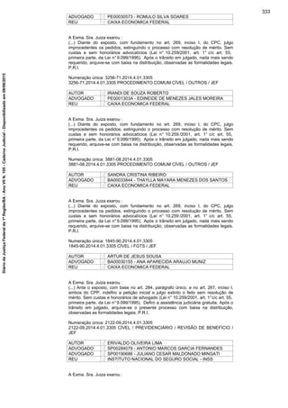 ADVOGADO : PE00030573 - ROMULO SILVA SOARES
REU : CAIXA ECONOMICA FEDERAL
A Exma. Sra. Juiza exarou :
(...) Diante do exposto, com fundamento no art. 269, inciso I, do CPC, julgo
improcedentes os pedidos, extinguindo o processo com resolução de mérito. Sem
custas e sem honorários advocatícios (Lei n° 10.259/2001, art. 1° c/c art. 55,
primeira parte, da Lei n°9.099/1995). Após o trânsito em julgado, nada mais sendo
requerido, arquive-se com baixa na distribuição, observadas as formalidades legais.
P.R.I.
Numeração única: 3256-71.2014.4.01.3305
3256-71.2014.4.01.3305 PROCEDIMENTO COMUM CÍVEL / OUTROS / JEF
AUTOR : IRANDI DE SOUZA ROBERTO
ADVOGADO : PE0001303A - EDINEIDE DE MENEZES JALES MOREIRA
REU : CAIXA ECONOMICA FEDERAL
A Exma. Sra. Juiza exarou :
(...) Diante do exposto, com fundamento no art. 269, inciso I, do CPC, julgo
improcedentes os pedidos, extinguindo o processo com resolução de mérito. Sem
custas e sem honorários advocatícios (Lei n° 10.259 /2001, art. 1° c/c art. 55,
primeira parte, da Lei n°9.099/1995). Após o trânsito em julgado, nada mais sendo
requerido, arquive-se com baixa na distribuição, observadas as formalidades legais.
P.R.I.
Numeração única: 3881-08.2014.4.01.3305
3881-08.2014.4.01.3305 PROCEDIMENTO COMUM CÍVEL / OUTROS / JEF
AUTOR : SANDRA CRISTINA RIBEIRO
ADVOGADO : BA00033844 - THAYLLA MAYARA MENEZES DOS SANTOS
REU : CAIXA ECONOMICA FEDERAL
A Exma. Sra. Juiza exarou :
(...) Diante do exposto, com fundamento no art. 269, inciso I, do CPC, julgo
improcedentes os pedidos, extinguindo o processo com resolução de mérito. Sem
custas e sem honorários advocatícios (Lei n° 10.259 /2001, art. 1° c/c art. 55,
primeira parte, da Lei n°9.099/1995). Após o trânsito em julgado, nada mais sendo
requerido, arquive-se com baixa na distribuição, observadas as formalidades legais.
P.R.I.
Numeração única: 1845-90.2014.4.01.3305
1845-90.2014.4.01.3305 CÍVEL / FGTS / JEF
AUTOR : ARTUR DE JESUS SOUSA
ADVOGADO : BA00030155 - ANA APARECIDA ARAUJO MUNIZ
REU : CAIXA ECONOMICA FEDERAL
A Exma. Sra. Juiza exarou :
(...) Ante o exposto, com base no art. 284, parágrafo único, e no art. 267, inciso I,
ambos do CPP, indefiro a petição inicial e julgo extinto o feito sem resolução de
mérito. Sem custas e honorários de advogado (Lei n° 10.259/2001, art. 1°c/c art. 55,
primeira parte, da Lei n°9.099/1995). Defiro a assistência judiciária gratuita. Após o
trânsito em julgado, arquive-se o presente processo com baixa na distribuição,
observadas as formalidades legais. P.R.I.
Numeração única: 2122-09.2014.4.01.3305
2122-09.2014.4.01.3305 CÍVEL / PREVIDENCIÁRIO / REVISÃO DE BENEFÍCIO /
JEF
AUTOR : ERIVALDO OLIVEIRA LIMA
ADVOGADO : SP00284079 - ANTONIO MARCOS GARCIA FERNANDES
ADVOGADO : SP00190686 - JULIANO CESAR MALDONADO MINGATI
REU : INSTITUTO NACIONAL DO SEGURO SOCIAL - INSS
A Exma. Sra. Juiza exarou :
333
DiáriodaJustiçaFederalda1ªRegião/BA-AnoVIIN.105-CadernoJudicial-Disponibilizadoem08/06/2015
 