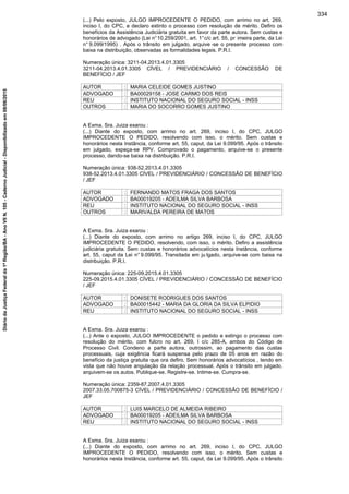 (...) Pelo exposto, JULGO IMPROCEDENTE O PEDIDO, com arrimo no art. 269,
inciso I, do CPC, e declaro extinto o processo com resolução de mérito. Defiro os
benefícios da Assistência Judiciária gratuita em favor da parte autora. Sem custas e
honorários de advogado (Lei n°10.259/2001, art. 1°c/c art. 55, pr imeira parte, da Lei
n° 9.099/1995) . Após o trânsito em julgado, arquive -se o presente processo com
baixa na distribuição, observadas as formalidades legais. P.R.I.
Numeração única: 3211-04.2013.4.01.3305
3211-04.2013.4.01.3305 CÍVEL / PREVIDENCIÁRIO / CONCESSÃO DE
BENEFÍCIO / JEF
AUTOR : MARIA CELEIDE GOMES JUSTINO
ADVOGADO : BA00029158 - JOSE CARMO DOS REIS
REU : INSTITUTO NACIONAL DO SEGURO SOCIAL - INSS
OUTROS : MARIA DO SOCORRO GOMES JUSTINO
A Exma. Sra. Juiza exarou :
(...) Diante do exposto, com arrimo no art. 269, inciso I, do CPC, JULGO
IMPROCEDENTE O PEDIDO, resolvendo com isso, o mérito. Sem custas e
honorários nesta Instância, conforme art. 55, caput, da Lei 9.099/95. Após o trânsito
em julgado, expeça-se RPV. Comprovado o pagamento, arquive-se o presente
processo, dando-se baixa na distribuição. P.R.I.
Numeração única: 938-52.2013.4.01.3305
938-52.2013.4.01.3305 CÍVEL / PREVIDENCIÁRIO / CONCESSÃO DE BENEFÍCIO
/ JEF
AUTOR : FERNANDO MATOS FRAGA DOS SANTOS
ADVOGADO : BA00019205 - ADEILMA SILVA BARBOSA
REU : INSTITUTO NACIONAL DO SEGURO SOCIAL - INSS
OUTROS : MARIVALDA PEREIRA DE MATOS
A Exma. Sra. Juiza exarou :
(...) Diante do exposto, com arrimo no artigo 269, inciso I, do CPC, JULGO
IMPROCEDENTE O PEDIDO, resolvendo, com isso, o mérito. Defiro a assistência
judiciária gratuita. Sem custas e honorários advocatícios nesta Instância, conforme
art. 55, caput da Lei n° 9.099/95. Transitada em ju lgado, arquive-se com baixa na
distribuição. P.R.I.
Numeração única: 225-09.2015.4.01.3305
225-09.2015.4.01.3305 CÍVEL / PREVIDENCIÁRIO / CONCESSÃO DE BENEFÍCIO
/ JEF
AUTOR : DONISETE RODRIGUES DOS SANTOS
ADVOGADO : BA00015442 - MARIA DA GLORIA DA SILVA ELPIDIO
REU : INSTITUTO NACIONAL DO SEGURO SOCIAL - INSS
A Exma. Sra. Juiza exarou :
(...) Ante o exposto, JULGO IMPROCEDENTE o pedido e extingo o processo com
resolução do mérito, com fulcro no art. 269, I c/c 285-A, ambos do Código de
Processo Civil. Condeno a parte autora, outrossim, ao pagamento das custas
processuais, cuja exigência ficará suspensa pelo prazo de 05 anos em razão do
benefício da justiça gratuita que ora defiro. Sem honorários advocatícios , tendo em
vista que não houve angulação da relação processual. Após o trânsito em julgado,
arquivem-se os autos. Publique-se. Registre-se. Intime-se. Cumpra-se.
Numeração única: 2359-87.2007.4.01.3305
2007.33.05.700875-3 CÍVEL / PREVIDENCIÁRIO / CONCESSÃO DE BENEFÍCIO /
JEF
AUTOR : LUIS MARCELO DE ALMEIDA RIBEIRO
ADVOGADO : BA00019205 - ADEILMA SILVA BARBOSA
REU : INSTITUTO NACIONAL DO SEGURO SOCIAL - INSS
A Exma. Sra. Juiza exarou :
(...) Diante do exposto, com arrimo no art. 269, inciso I, do CPC, JULGO
IMPROCEDENTE O PEDIDO, resolvendo com isso, o mérito. Sem custas e
honorários nesta Instância, conforme art. 55, caput, da Lei 9.099/95. Após o trânsito
334
DiáriodaJustiçaFederalda1ªRegião/BA-AnoVIIN.105-CadernoJudicial-Disponibilizadoem08/06/2015
 