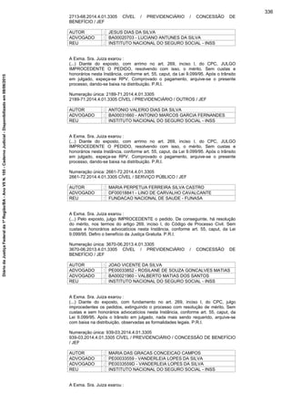 2713-68.2014.4.01.3305 CÍVEL / PREVIDENCIÁRIO / CONCESSÃO DE
BENEFÍCIO / JEF
AUTOR : JESUS DIAS DA SILVA
ADVOGADO : BA00020703 - LUCIANO ANTUNES DA SILVA
REU : INSTITUTO NACIONAL DO SEGURO SOCIAL - INSS
A Exma. Sra. Juiza exarou :
(...) Diante do exposto, com arrimo no art. 269, inciso I, do CPC, JULGO
IMPROCEDENTE O PEDIDO, resolvendo com isso, o mérito. Sem custas e
honorários nesta Instância, conforme art. 55, caput, da Lei 9.099/95. Após o trânsito
em julgado, expeça-se RPV. Comprovado o pagamento, arquive-se o presente
processo, dando-se baixa na distribuição. P.R.I.
Numeração única: 2189-71.2014.4.01.3305
2189-71.2014.4.01.3305 CÍVEL / PREVIDENCIÁRIO / OUTROS / JEF
AUTOR : ANTONIO VALERIO DIAS DA SILVA
ADVOGADO : BA00031660 - ANTONIO MARCOS GARCIA FERNANDES
REU : INSTITUTO NACIONAL DO SEGURO SOCIAL - INSS
A Exma. Sra. Juiza exarou :
(...) Diante do exposto, com arrimo no art. 269, inciso I, do CPC, JULGO
IMPROCEDENTE O PEDIDO, resolvendo com isso, o mérito. Sem custas e
honorários nesta Instância, conforme art. 55, caput, da Lei 9.099/95. Após o trânsito
em julgado, expeça-se RPV. Comprovado o pagamento, arquive-se o presente
processo, dando-se baixa na distribuição. P.R.I.
Numeração única: 2661-72.2014.4.01.3305
2661-72.2014.4.01.3305 CÍVEL / SERVIÇO PÚBLICO / JEF
AUTOR : MARIA PERPETUA FERREIRA SILVA CASTRO
ADVOGADO : DF00018841 - LINO DE CARVALHO CAVALCANTE
REU : FUNDACAO NACIONAL DE SAUDE - FUNASA
A Exma. Sra. Juiza exarou :
(...) Pelo exposto, julgo IMPROCEDENTE o pedido. De conseguinte, há resolução
do mérito, nos termos do artigo 269, inciso I, do Código de Processo Civil. Sem
custas e honorários advocatícios nesta Instância, conforme art. 55, caput, da Lei
9.099/95. Defiro o benefício da Justiça Gratuita. P.R.I.
Numeração única: 3670-06.2013.4.01.3305
3670-06.2013.4.01.3305 CÍVEL / PREVIDENCIÁRIO / CONCESSÃO DE
BENEFÍCIO / JEF
AUTOR : JOAO VICENTE DA SILVA
ADVOGADO : PE00033852 - ROSILANE DE SOUZA GONCALVES MATIAS
ADVOGADO : BA00021960 - VALBERTO MATIAS DOS SANTOS
REU : INSTITUTO NACIONAL DO SEGURO SOCIAL - INSS
A Exma. Sra. Juiza exarou :
(...) Diante do exposto, com fundamento no art. 269, inciso I, do CPC, julgo
improcedentes os pedidos, extinguindo o processo com resolução de mérito. Sem
custas e sem honorários advocatícios nesta Instância, conforme art. 55, caput, da
Lei 9.099/95. Após o trânsito em julgado, nada mais sendo requerido, arquive-se
com baixa na distribuição, observadas as formalidades legais. P.R.I.
Numeração única: 939-03.2014.4.01.3305
939-03.2014.4.01.3305 CÍVEL / PREVIDENCIÁRIO / CONCESSÃO DE BENEFÍCIO
/ JEF
AUTOR : MARIA DAS GRACAS CONCEICAO CAMPOS
ADVOGADO : PE00033559 - VANDERLEIA LOPES DA SILVA
ADVOGADO : PE0033559D - VANDERLEIA LOPES DA SILVA
REU : INSTITUTO NACIONAL DO SEGURO SOCIAL - INSS
A Exma. Sra. Juiza exarou :
336
DiáriodaJustiçaFederalda1ªRegião/BA-AnoVIIN.105-CadernoJudicial-Disponibilizadoem08/06/2015
 