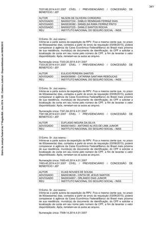 7037-95.2014.4.01.3307 CÍVEL / PREVIDENCIÁRIO / CONCESSÃO DE
BENEFÍCIO / JEF
AUTOR : NILSON DE OLIVEIRA CORDEIRO
ADVOGADO : BA00027234 - DABLIO RENINGAN FERRAZ DIAS
ADVOGADO : BA00039380 - DANIELSA RARA FERRAZ PINTO
ADVOGADO : BA00027225 - DANILO SANTOS ROCHA
REU : INSTITUTO NACIONAL DO SEGURO SOCIAL - INSS
O Exmo. Sr. Juiz exarou :
Intime-se a parte autora da expedição da RPV. Fica a mesma ciente que, no prazo
de 60(sessenta) dias, contados a partir do envio da requisição (03/06/2015), poderá
comparecer à agência da Caixa Econômica Federal/Banco do Brasil mais próxima
de sua residência, munido(a) de documento de identificação, do CPF e solicitar a
localização de conta em seu nome pelo número de CPF, a fim de levantar o valor
disponibilizado. Após, remetam-se os autos ao arquivo.
Numeração única: 7333-20.2014.4.01.3307
7333-20.2014.4.01.3307 CÍVEL / PREVIDENCIÁRIO / CONCESSÃO DE
BENEFÍCIO / JEF
AUTOR : EULICIO PEREIRA SANTOS
ADVOGADO : BA00036690 - CATARINA SANTANA REBOUCAS
REU : INSTITUTO NACIONAL DO SEGURO SOCIAL - INSS
O Exmo. Sr. Juiz exarou :
Intime-se a parte autora da expedição da RPV. Fica a mesma ciente que, no prazo
de 60(sessenta) dias, contados a partir do envio da requisição (03/06/2015), poderá
comparecer à agência da Caixa Econômica Federal/Banco do Brasil mais próxima
de sua residência, munido(a) de documento de identificação, do CPF e solicitar a
localização de conta em seu nome pelo número de CPF, a fim de levantar o valor
disponibilizado. Após, remetam-se os autos ao arquivo.
Numeração única: 7341-94.2014.4.01.3307
7341-94.2014.4.01.3307 CÍVEL / PREVIDENCIÁRIO / CONCESSÃO DE
BENEFÍCIO / JEF
AUTOR : EUFLASIO MOURA DA SILVA
ADVOGADO : BA00019453 - ANTONIO ALVES DE LIMA JUNIOR
REU : INSTITUTO NACIONAL DO SEGURO SOCIAL - INSS
O Exmo. Sr. Juiz exarou :
Intime-se a parte autora da expedição da RPV. Fica a mesma ciente que, no prazo
de 60(sessenta) dias, contados a partir do envio da requisição (03/06/2015), poderá
comparecer à agência da Caixa Econômica Federal/Banco do Brasil mais próxima
de sua residência, munido(a) de documento de identificação, do CPF e solicitar a
localização de conta em seu nome pelo número de CPF, a fim de levantar o valor
disponibilizado. Após, remetam-se os autos ao arquivo.
Numeração única: 7493-45.2014.4.01.3307
7493-45.2014.4.01.3307 CÍVEL / PREVIDENCIÁRIO / CONCESSÃO DE
BENEFÍCIO / JEF
AUTOR : ELIAS NOVAES DE SOUSA
ADVOGADO : BA00038228 - CINTIA DE JESUS SANTOS
ADVOGADO : BA00034857 - ORLANDO DIAS JUNIOR
REU : INSTITUTO NACIONAL DO SEGURO SOCIAL - INSS
O Exmo. Sr. Juiz exarou :
Intime-se a parte autora da expedição da RPV. Fica a mesma ciente que, no prazo
de 60(sessenta) dias, contados a partir do envio da requisição (03/06/2015), poderá
comparecer à agência da Caixa Econômica Federal/Banco do Brasil mais próxima
de sua residência, munido(a) de documento de identificação, do CPF e solicitar a
localização de conta em seu nome pelo número de CPF, a fim de levantar o valor
disponibilizado. Após, remetam-se os autos ao arquivo.
Numeração única: 7508-14.2014.4.01.3307
341
DiáriodaJustiçaFederalda1ªRegião/BA-AnoVIIN.105-CadernoJudicial-Disponibilizadoem08/06/2015
 