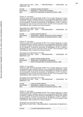 7508-14.2014.4.01.3307 CÍVEL / PREVIDENCIÁRIO / CONCESSÃO DE
BENEFÍCIO / JEF
AUTOR : DIONISIO NUNES DO PRADO
ADVOGADO : BA00026121 - NAILTON SILVA MEIRA
REU : INSTITUTO NACIONAL DO SEGURO SOCIAL - INSS
O Exmo. Sr. Juiz exarou :
Intime-se a parte autora da expedição da RPV. Fica a mesma ciente que, no prazo
de 60(sessenta) dias, contados a partir do envio da requisição (03/06/2015), poderá
comparecer à agência da Caixa Econômica Federal/Banco do Brasil mais próxima
de sua residência, munido(a) de documento de identificação, do CPF e solicitar a
localização de conta em seu nome pelo número de CPF, a fim de levantar o valor
disponibilizado. Após, remetam-se os autos ao arquivo.
Numeração única: 7989-74.2014.4.01.3307
7989-74.2014.4.01.3307 CÍVEL / PREVIDENCIÁRIO / CONCESSÃO DE
BENEFÍCIO / JEF
AUTOR : SAADIA SANTOS ARAUJO
ADVOGADO : BA00032668 - SIMONE CARVALHO COSTA SAMPAIO
REU : INSTITUTO NACIONAL DO SEGURO SOCIAL - INSS
O Exmo. Sr. Juiz exarou :
Intime-se a parte autora da expedição da RPV. Fica a mesma ciente que, no prazo
de 60(sessenta) dias, contados a partir do envio da requisição (03/06/2015), poderá
comparecer à agência da Caixa Econômica Federal/Banco do Brasil mais próxima
de sua residência, munido(a) de documento de identificação, do CPF e solicitar a
localização de conta em seu nome pelo número de CPF, a fim de levantar o valor
disponibilizado. Após, remetam-se os autos ao arquivo.
Numeração única: 8547-46.2014.4.01.3307
8547-46.2014.4.01.3307 CÍVEL / PREVIDENCIÁRIO / CONCESSÃO DE
BENEFÍCIO / JEF
AUTOR : MARIA VIRGEM GOMES NEVES
ADVOGADO : BA00015584 - NILDOBERTO LIMA MEIRA
REU : INSTITUTO NACIONAL DO SEGURO SOCIAL - INSS
O Exmo. Sr. Juiz exarou :
Intime-se a parte autora da expedição da RPV. Fica a mesma ciente que, no prazo
de 60(sessenta) dias, contados a partir do envio da requisição (03/06/2015), poderá
comparecer à agência da Caixa Econômica Federal/Banco do Brasil mais próxima
de sua residência, munido(a) de documento de identificação, do CPF e solicitar a
localização de conta em seu nome pelo número de CPF, a fim de levantar o valor
disponibilizado. Após, remetam-se os autos ao arquivo.
Numeração única: 9315-69.2014.4.01.3307
9315-69.2014.4.01.3307 CÍVEL / PREVIDENCIÁRIO / CONCESSÃO DE
BENEFÍCIO / JEF
AUTOR : IVANI OLIVEIRA SANTOS
ADVOGADO : BA00028258 - ANDREIA DA SILVA VIDAL
REU : INSTITUTO NACIONAL DO SEGURO SOCIAL - INSS
O Exmo. Sr. Juiz exarou :
Intime-se a parte autora da expedição da RPV. Fica a mesma ciente que, no prazo
de 60(sessenta) dias, contados a partir do envio da requisição (03/06/2015), poderá
comparecer à agência da Caixa Econômica Federal/Banco do Brasil mais próxima
de sua residência, munido(a) de documento de identificação, do CPF e solicitar a
localização de conta em seu nome pelo número de CPF, a fim de levantar o valor
disponibilizado. Após, remetam-se os autos ao arquivo.
Numeração única: 62-23.2015.4.01.3307
62-23.2015.4.01.3307 CÍVEL / PREVIDENCIÁRIO / CONCESSÃO DE BENEFÍCIO /
JEF
AUTOR : LUCIARA SENHORINHA SANTOS
342
DiáriodaJustiçaFederalda1ªRegião/BA-AnoVIIN.105-CadernoJudicial-Disponibilizadoem08/06/2015
 