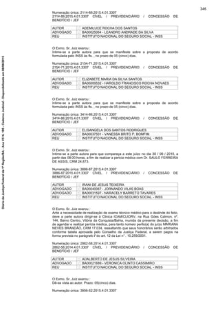 Numeração única: 2114-89.2015.4.01.3307
2114-89.2015.4.01.3307 CÍVEL / PREVIDENCIÁRIO / CONCESSÃO DE
BENEFÍCIO / JEF
AUTOR : ADEMILUCE ROCHA DOS SANTOS
ADVOGADO : BA00025064 - LEANDRO ANDRADE DA SILVA
REU : INSTITUTO NACIONAL DO SEGURO SOCIAL - INSS
O Exmo. Sr. Juiz exarou :
Intime-se a parte autora para que se manifeste sobre a proposta de acordo
formulada pelo INSS às fls. , no prazo de 05 (cinco) dias.
Numeração única: 2154-71.2015.4.01.3307
2154-71.2015.4.01.3307 CÍVEL / PREVIDENCIÁRIO / CONCESSÃO DE
BENEFÍCIO / JEF
AUTOR : ELIZABETE MARIA DA SILVA SANTOS
ADVOGADO : BA00009532 - HAROLDO FRANCISCO ROCHA NOVAES
REU : INSTITUTO NACIONAL DO SEGURO SOCIAL - INSS
O Exmo. Sr. Juiz exarou :
Intime-se a parte autora para que se manifeste sobre a proposta de acordo
formulada pelo INSS às fls. , no prazo de 05 (cinco) dias.
Numeração única: 3414-86.2015.4.01.3307
3414-86.2015.4.01.3307 CÍVEL / PREVIDENCIÁRIO / CONCESSÃO DE
BENEFÍCIO / JEF
AUTOR : ELISANGELA DOS SANTOS RODRIGUES
ADVOGADO : BA00037501 - VANESSA BRITO P. BOMFIM
REU : INSTITUTO NACIONAL DO SEGURO SOCIAL - INSS
O Exmo. Sr. Juiz exarou :
Intime-se a parte autora para que compareça a este juízo no dia 30 / 06 / 2015, a
partir das 08:00 horas, a fim de realizar a pericia médica com Dr. SAULO FERREIRA
DE ASSIS, CRM 24.873.
Numeração única: 3886-87.2015.4.01.3307
3886-87.2015.4.01.3307 CÍVEL / PREVIDENCIÁRIO / CONCESSÃO DE
BENEFÍCIO / JEF
AUTOR : IRANI DE JESUS TEIXEIRA
ADVOGADO : BA00040067 - JORNANDO VILAS BOAS
ADVOGADO : BA00031597 - NARACELY BARRETO TAVARES
REU : INSTITUTO NACIONAL DO SEGURO SOCIAL - INSS
O Exmo. Sr. Juiz exarou :
Ante a necessidade de realização de exame técnico médico para o deslinde do feito,
deve a parte autora dirigir-se à Clinica ICAM/CLIORV, na Rua Góes Calmon, nº.
144, Bairro Centro, Vitória da Conquista/Bahia, munida da presente decisão, a fim
de agendar e realizar perícia médica, para tanto nomeio perito(a) do juízo MARIANA
NEVES BRANDÃO, CRM 17.034, ressaltando que seus honorários serão arbitrados
conforme tabela aprovada pelo Conselho da Justiça Federal, a serem pagos na
forma prevista no parágrafo l°do art. 12 da Lei n° . 10.259/2001.
Numeração única: 2862-58.2014.4.01.3307
2862-58.2014.4.01.3307 CÍVEL / PREVIDENCIÁRIO / CONCESSÃO DE
BENEFÍCIO / JEF
AUTOR : ADALBERTO DE JESUS SILVEIRA
ADVOGADO : BA00021689 - VERONICA OLINTO CASSIMIRO
REU : INSTITUTO NACIONAL DO SEGURO SOCIAL - INSS
O Exmo. Sr. Juiz exarou :
Dê-se vista ao autor. Prazo: 05(cinco) dias.
Numeração única: 3856-52.2015.4.01.3307
346
DiáriodaJustiçaFederalda1ªRegião/BA-AnoVIIN.105-CadernoJudicial-Disponibilizadoem08/06/2015
 