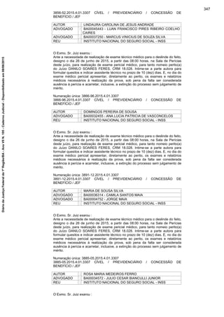 3856-52.2015.4.01.3307 CÍVEL / PREVIDENCIÁRIO / CONCESSÃO DE
BENEFÍCIO / JEF
AUTOR : LINDAURA CAROLINA DE JESUS ANDRADE
ADVOGADO : BA00045443 - LUAN FRANCISCO PIRES RIBEIRO COELHO
CAIRES
ADVOGADO : BA00037250 - MARCUS VINICIUS DE SOUZA SILVA
REU : INSTITUTO NACIONAL DO SEGURO SOCIAL - INSS
O Exmo. Sr. Juiz exarou :
Ante a necessidade de realização de exame técnico médico para o deslinde do feito,
designo o dia 26 de junho de 2015, a partir das 08:00 horas, na Sala de Perícias
deste juízo, para realização de exame pericial médico, para tanto nomeio perito(a)
do Juízo DANILO SOARES FERES, CRM 18.028. Intime-se a parte autora para
formular quesitos e indicar assistente técnico no prazo de 10 (dez) dias. E, no dia do
exame médico pericial apresentar, diretamente ao perito, os exames e relatórios
médicos necessários à realização da prova, sob pena da falta ser considerada
ausência à perícia e acarretar, inclusive, a extinção do processo sem julgamento de
mérito.
Numeração única: 3866-96.2015.4.01.3307
3866-96.2015.4.01.3307 CÍVEL / PREVIDENCIÁRIO / CONCESSÃO DE
BENEFÍCIO / JEF
AUTOR : DOMINGOS PEREIRA DE SOUSA
ADVOGADO : BA00032455 - ANA LUCIA PATRICIA DE VASCONCELOS
REU : INSTITUTO NACIONAL DO SEGURO SOCIAL - INSS
O Exmo. Sr. Juiz exarou :
Ante a necessidade de realização de exame técnico médico para o deslinde do feito,
designo o dia 26 de junho de 2015, a partir das 08:00 horas, na Sala de Perícias
deste juízo, para realização de exame pericial médico, para tanto nomeio perito(a)
do Juízo DANILO SOARES FERES, CRM 18.028. Intime-se a parte autora para
formular quesitos e indicar assistente técnico no prazo de 10 (dez) dias. E, no dia do
exame médico pericial apresentar, diretamente ao perito, os exames e relatórios
médicos necessários à realização da prova, sob pena da falta ser considerada
ausência à perícia e acarretar, inclusive, a extinção do processo sem julgamento de
mérito.
Numeração única: 3891-12.2015.4.01.3307
3891-12.2015.4.01.3307 CÍVEL / PREVIDENCIÁRIO / CONCESSÃO DE
BENEFÍCIO / JEF
AUTOR : MARIA DE SOUSA SILVA
ADVOGADO : BA00036314 - CAMILA SANTOS MAIA
ADVOGADO : BA00004752 - JORGE MAIA
REU : INSTITUTO NACIONAL DO SEGURO SOCIAL - INSS
O Exmo. Sr. Juiz exarou :
Ante a necessidade de realização de exame técnico médico para o deslinde do feito,
designo o dia 26 de junho de 2015, a partir das 08:00 horas, na Sala de Perícias
deste juízo, para realização de exame pericial médico, para tanto nomeio perito(a)
do Juízo DANILO SOARES FERES, CRM 18.028. Intime-se a parte autora para
formular quesitos e indicar assistente técnico no prazo de 10 (dez) dias. E, no dia do
exame médico pericial apresentar, diretamente ao perito, os exames e relatórios
médicos necessários à realização da prova, sob pena da falta ser considerada
ausência à perícia e acarretar, inclusive, a extinção do processo sem julgamento de
mérito.
Numeração única: 3885-05.2015.4.01.3307
3885-05.2015.4.01.3307 CÍVEL / PREVIDENCIÁRIO / CONCESSÃO DE
BENEFÍCIO / JEF
AUTOR : ROSA MARIA MEDEIROS FERRO
ADVOGADO : BA00034572 - JULIO CESAR BIANCULLI JUNIOR
REU : INSTITUTO NACIONAL DO SEGURO SOCIAL - INSS
O Exmo. Sr. Juiz exarou :
347
DiáriodaJustiçaFederalda1ªRegião/BA-AnoVIIN.105-CadernoJudicial-Disponibilizadoem08/06/2015
 