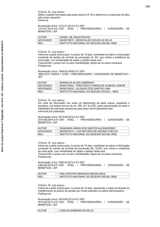 O Exmo. Sr. Juiz exarou :
Defiro o pedido formulado pela parte autora à fl. 40 e determino a suspensão do feito
pelo prazo requerido.
Intime-se.
Numeração única: 1212-91.2014.4.01.3301
1212-91.2014.4.01.3301 CÍVEL / PREVIDENCIÁRIO / CONCESSÃO DE
BENEFÍCIO / JEF
AUTOR : DANIEL DE JESUS ROCHA
ADVOGADO : BA00019870 - NERISVALDO SOUZA DA SILVA
REU : INSTITUTO NACIONAL DO SEGURO SOCIAL INSS
O Exmo. Sr. Juiz exarou :
Intime-se a parte autora para, no prazo de 10 dias, manifestar-se sobre a informação
constante do extrato de controle de prevenção (fl. 45), que noticia a existência de
outra ação, com similaridade de objeto e pedido nesta vara.
Transcorrido o prazo com ou sem manifestação, façam-se os autos conclusos.
Publique-se.
Numeração única: 1558-52.2008.4.01.3301
2008.33.01.700255-1 CÍVEL / PREVIDENCIÁRIO / CONCESSÃO DE BENEFÍCIO /
JEF
AUTOR : MARIALDA ALVES SOBRINHO
ADVOGADO : BA00018052 - FRED ERICO FARIAS DE ALMEIDA JUNIOR
ADVOGADO : BA00016932 - GILDASIO DOS SANTOS LIMA
REU : INSTITUTO NACIONAL DO SEGURO SOCIAL - INSS
O Exmo. Sr. Juiz exarou :
Em vista da informação nos autos do falecimento da parte autora, suspendo o
processo, nos exatos termos do art. 265, §1º do CPC, para comprovação do óbito e
habilitação de eventuais sucessores pelo prazo de 60 (sessenta) dias.
Intime-se por publicação.
Numeração única: 2514-58.2014.4.01.3301
2514-58.2014.4.01.3301 CÍVEL / PREVIDENCIÁRIO / CONCESSÃO DE
BENEFÍCIO / JEF
AUTOR : RAIMUNDA MARIA DOS SANTOS ALEXANDRINO
ADVOGADO : BA00024070 - LUIZ ANTONIO DE AQUINO COELHO
REU : INSTITUTO NACIONAL DO SEGURO SOCIAL INSS
O Exmo. Sr. Juiz exarou :
Intime-se a parte autora para, no prazo de 10 dias, manifestar-se sobre a informação
constante do extrato de controle de prevenção (fls. 33/35), que noticia a existência
de outra ação, com similaridade de objeto e pedido nesta vara.
Transcorrido o prazo com ou sem manifestação, façam-se os autos conclusos.
Publique-se.
Numeração única: 2360-40.2014.4.01.3301
2360-40.2014.4.01.3301 CÍVEL / PREVIDENCIÁRIO / CONCESSÃO DE
BENEFÍCIO / JEF
AUTOR : ANA CRISTINA MARQUES MAGALHAES
REU : INSTITUTO NACIONAL DO SEGURO SOCIAL INSS
O Exmo. Sr. Juiz exarou :
Intime-se a parte autora para, no prazo de 10 dias, apresentar a cópia da decisão do
indeferimento do pedido de pensão por morte realizado na esfera administrativa.
Publique-se.
Numeração única: 3510-90.2013.4.01.3301
3510-90.2013.4.01.3301 CÍVEL / PREVIDENCIÁRIO / CONCESSÃO DE
BENEFÍCIO / JEF
AUTOR : CARLOS BARBOSA DA SILVA
365
DiáriodaJustiçaFederalda1ªRegião/BA-AnoVIIN.105-CadernoJudicial-Disponibilizadoem08/06/2015
 