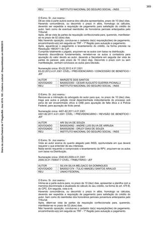 REU : INSTITUTO NACIONAL DO SEGURO SOCIAL - INSS
O Exmo. Sr. Juiz exarou :
Dê-se vista à parte autora acerca dos cálculos apresentados, prazo de 10 (dez) dias.
Havendo concordância, ou decorrido o prazo in albis, homologo os cálculos,
devendo ser expedida a requisição de pagamento para satisfação do crédito do
autor, bem como de eventual reembolso de honorários periciais antecipados pelo
Tribunal.
Após, dê-se vista às partes da requisição confeccionada para, querendo, manifestar-
se no prazo de 02 (dois) dias.
Não havendo oposição, conclua-se o cadastro da(s) requisição(ões) de pagamento,
encaminhando-a(s) em seguida ao TRF - 1ª Região para autuação e pagamento.
Após, aguarde-se o pagamento e levantamento do crédito, na forma prevista na
Resolução 168/2011 do CJF.
Cumprido totalmente o julgado, arquivem-se os autos com baixa na distribuição.
Havendo discordância fundamentada, remetam-se os autos à contadoria para
apuração do valor devido ao autor, devendo a Secretaria em seguida dar vista às
partes do parecer, pelo prazo de 10 (dez) dias. Decorrido o prazo com ou sem
manifestação, venham conclusos os autos para Decisão.
Numeração única: 83-22.2012.4.01.3301
83-22.2012.4.01.3301 CÍVEL / PREVIDENCIÁRIO / CONCESSÃO DE BENEFÍCIO /
JEF
AUTOR : MARIZETE DOS SANTOS
ADVOGADO : BA00023393 - CESAR AUGUSTO GUERRA PICINALLI
REU : INSTITUTO NACIONAL DO SEGURO SOCIAL - INSS
O Exmo. Sr. Juiz exarou :
Renove-se a intimação do advogado do autor para que, no prazo de 10 (dez) dias,
traga aos autos a petição inicial desentranhada indevidamente do processo sob
pena de ser encaminhado ofício à OAB para apuração de falta ética e à Polícia
Federal, para apuração de ilícito penal.
Numeração única: 4401-82.2011.4.01.3301
4401-82.2011.4.01.3301 CÍVEL / PREVIDENCIÁRIO / REVISÃO DE BENEFÍCIO /
JEF
AUTOR : ARI SILVA DE SOUZA
ADVOGADO : BA00024992 - ANDRE LUIS SILVA DE ARRUDA
ADVOGADO : BA00029290 - ORLEY DIAS DE SOUZA
REU : INSTITUTO NACIONAL DO SEGURO SOCIAL - INSS
O Exmo. Sr. Juiz exarou :
Vista ao autor acerca do quanto alegado pelo INSS, oportunidade em que deverá
requerer o que entender de seu interesse.
Nada sendo requerido e comprovado o levantamento da RPV, arquivem-se os autos
com baixa na Distribuição.
Numeração única: 2040-63.2009.4.01.3301
2009.33.01.700647-7 CÍVEL / TRIBUTÁRIO / JEF
AUTOR : SILVIA SILVA MELGACO SA DOMINGUES
ADVOGADO : BA00021374 - TULIO AMADEU SANTOS ARAUJO
REU : UNIAO FEDERAL
O Exmo. Sr. Juiz exarou :
Intime-se a parte autora para, no prazo de 10 (dez) dias, apresentar a planilha com a
memória discriminada e atualizada do cálculo do seu crédito, na forma do art. 475 B,
do CPC. Em seguida, vista à ré.
Havendo concordância, ou decorrido o prazo in albis, homologo os cálculos,
devendo ser expedida a requisição de pagamento para satisfação do crédito do
autor, bem como do reembolso dos honorários periciais porventura antecipados pelo
Tribunal.
Após, dêem-se vista às partes da requisição confeccionada para, querendo,
manifestar-se no prazo de 02 (dois) dias.
Não havendo oposição, conclua-se o cadastro da(s) requisição(ões) de pagamento,
encaminhando-a(s) em seguida ao TRF - 1ª Região para autuação e pagamento.
369
DiáriodaJustiçaFederalda1ªRegião/BA-AnoVIIN.105-CadernoJudicial-Disponibilizadoem08/06/2015
 