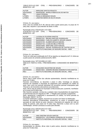 1258-51.2012.4.01.3301 CÍVEL / PREVIDENCIÁRIO / CONCESSÃO DE
BENEFÍCIO / JEF
AUTOR : MARLENE SANTOS PEIXOTO
ADVOGADO : BA00026360 - MONICA REBOUCAS DE MATOS
REU : UNIAO FEDERAL
LITISPA : RIDALVA BRANDAO SOUZA
LITISPA : JANAYNA MARIA DA SILVA SOUZA
O Exmo. Sr. Juiz exarou :
Ante o teor da certidão de fl. 80, abra-se vista à parte autora para, no prazo de 10
(dez) dias, requerer o que entender de direito no feito.
Numeração única: 4732-64.2011.4.01.3301
4732-64.2011.4.01.3301 CÍVEL / PREVIDENCIÁRIO / CONCESSÃO DE
BENEFÍCIO / JEF
AUTOR : LUCIDALVA OLIVEIRA SANTOS
ADVOGADO : BA00021201 - BRUNO HARTURY RODRIGUES
ADVOGADO : BA00028993 - CARLOS ALBERTO JEZLER JUNIOR
ADVOGADO : BA00010155 - KLEBER AROUCA MACIEL
ADVOGADO : BA00027102 - LILIAN DE MELO FREITAS
ADVOGADO : BA00015946 - MARTONE COSTA MACIEL
ADVOGADO : BA00026332 - RAFAEL RODRIGUES DE CASTRO SILVA
REU : INSTITUTO NACIONAL DO SEGURO SOCIAL - INSS
O Exmo. Sr. Juiz exarou :
Tendo em vista que a publicação de fl. 62 se reportou ao despacho de fl. 6, intime-se
a parte autora do comando sentencial de fls. 56/57.
Numeração única: 1877-20.2008.4.01.3301
2008.33.01.700575-2 CÍVEL / PREVIDENCIÁRIO / CONCESSÃO DE BENEFÍCIO /
JEF
AUTOR : NIVALDINO CELESTINO DE SOUZA
ADVOGADO : BA00014653 - SANDRA REGINA HONORATO DOS SANTOS
REU : INSTITUTO NACIONAL DO SEGURO SOCIAL - INSS
O Exmo. Sr. Juiz exarou :
Dê-se vista à parte autora dos cálculos apresentados, devendo manifestar-se no
prazo de 10 (dez).
Havendo concordância, ou decorrido o prazo in albis, homologo os cálculos,
devendo ser expedida a requisição de pagamento para satisfação do crédito do
autor, bem como de eventual reembolso de honorários periciais antecipados pelo
Tribunal ou de honorários advocatícios sucumbenciais.
Após, dê-se vista às partes da requisição confeccionada para, querendo, manifestar-
se no prazo de 02 (dois) dias.
Não havendo oposição, conclua-se o cadastro da(s) requisição(ões) de pagamento,
encaminhando-a(s) em seguida ao TRF - 1ª Região para autuação e pagamento.
Após, aguarde-se o pagamento e levantamento do crédito, na forma prevista na
Resolução 168/2011 do CJF.
Cumprido totalmente o julgado, arquivem-se os autos com baixa na distribuição.
Havendo discordância fundamentada, remetam-se os autos à contadoria para
apuração do valor devido ao autor, devendo a Secretaria em seguida dar vista às
partes do parecer, pelo prazo de 10 (dez) dias. Decorrido o prazo com ou sem
manifestação, venham conclusos os autos para Decisão.
Numeração única: 2253-64.2012.4.01.3301
2253-64.2012.4.01.3301 CÍVEL / PREVIDENCIÁRIO / CONCESSÃO DE
BENEFÍCIO / JEF
AUTOR : ANA CRISTINA SOUZA SANTOS
ADVOGADO : BA00007076 - LEILA MARIA FERREIRA DE OLIVEIRA
REU : INSTITUTO NACIONAL DO SEGURO SOCIAL - INSS
O Exmo. Sr. Juiz exarou :
Apresentados os cálculos, dê-se vista à parte autora, devendo manifestar-se no
prazo de 10 (dez) dias.
371
DiáriodaJustiçaFederalda1ªRegião/BA-AnoVIIN.105-CadernoJudicial-Disponibilizadoem08/06/2015
 