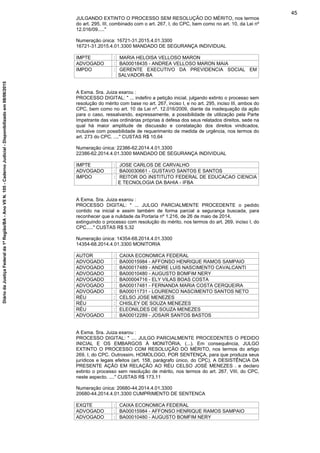 JULGANDO EXTINTO O PROCESSO SEM RESOLUÇÃO DO MÉRITO, nos termos
do art. 295, III, combinado com o art. 267, I, do CPC, bem como no art. 10, da Lei nº
12.016/09....."
Numeração única: 16721-31.2015.4.01.3300
16721-31.2015.4.01.3300 MANDADO DE SEGURANÇA INDIVIDUAL
IMPTE : MARIA HELOISA VELLOSO MARON
ADVOGADO : BA00018435 - ANDREA VELLOSO MARON MAIA
IMPDO : GERENTE EXECUTIVO DA PREVIDENCIA SOCIAL EM
SALVADOR-BA
A Exma. Sra. Juiza exarou :
PROCESSO DIGITAL: " ... indefiro a petição inicial, julgando extinto o processo sem
resolução do mérito com base no art. 267, inciso I, e no art. 295, inciso III, ambos do
CPC, bem como no art. 10 da Lei nº. 12.016/2009, diante da inadequação da ação
para o caso, ressalvando, expressamente, a possibilidade de utilização pela Parte
Impetrante das vias ordinárias próprias à defesa dos seus relatados direitos, sede na
qual há maior amplitude de discussão e constatação dos direitos vindicados,
inclusive com possibilidade de requerimento de medida de urgência, nos termos do
art. 273 do CPC. ...." CUSTAS R$ 10,64
Numeração única: 22386-62.2014.4.01.3300
22386-62.2014.4.01.3300 MANDADO DE SEGURANÇA INDIVIDUAL
IMPTE : JOSE CARLOS DE CARVALHO
ADVOGADO : BA00030661 - GUSTAVO SANTOS E SANTOS
IMPDO : REITOR DO INSTITUTO FEDERAL DE EDUCACAO CIENCIA
E TECNOLOGIA DA BAHIA - IFBA
A Exma. Sra. Juiza exarou :
PROCESSO DIGITAL: " ... JULGO PARCIALMENTE PROCEDENTE o pedido
contido na inicial e assim também de forma parcial a segurança buscada, para
reconhecer que a nulidade da Portaria nº 1.216, de 26 de maio de 2014,
extinguindo o processo com resolução do mérito, nos termos do art. 269, inciso I, do
CPC....." CUSTAS R$ 5,32
Numeração única: 14354-68.2014.4.01.3300
14354-68.2014.4.01.3300 MONITORIA
AUTOR : CAIXA ECONOMICA FEDERAL
ADVOGADO : BA00015984 - AFFONSO HENRIQUE RAMOS SAMPAIO
ADVOGADO : BA00017489 - ANDRE LUIS NASCIMENTO CAVALCANTI
ADVOGADO : BA00010480 - AUGUSTO BOMFIM NERY
ADVOGADO : BA00004716 - ELY VILAS BOAS COSTA
ADVOGADO : BA00017481 - FERNANDA MARIA COSTA CERQUEIRA
ADVOGADO : BA00011731 - LOURENCO NASCIMENTO SANTOS NETO
RÉU : CELSO JOSE MENEZES
RÉU : CHISLEY DE SOUZA MENEZES
RÉU : ELEONILDES DE SOUZA MENEZES
ADVOGADO : BA00012289 - JOSAIR SANTOS BASTOS
A Exma. Sra. Juiza exarou :
PROCESSO DIGITAL: " .... JULGO PARCIALMENTE PROCEDENTES O PEDIDO
INICIAL E OS EMBARGOS À MONITÓRIA, (...). Em consequência, JULGO
EXTINTO O PROCESSO COM RESOLUÇÃO DO MÉRITO, nos termos do artigo
269, I, do CPC. Outrossim, HOMOLOGO, POR SENTENÇA, para que produza seus
jurídicos e legais efeitos (art. 158, parágrafo único, do CPC), A DESISTÊNCIA DA
PRESENTE AÇÃO EM RELAÇÃO AO RÉU CELSO JOSÉ MENEZES . e declaro
extinto o processo sem resolução de mérito, nos termos do art. 267, VIII, do CPC,
neste aspecto. ...." CUSTAS R$ 173,11
Numeração única: 20680-44.2014.4.01.3300
20680-44.2014.4.01.3300 CUMPRIMENTO DE SENTENCA
EXQTE : CAIXA ECONOMICA FEDERAL
ADVOGADO : BA00015984 - AFFONSO HENRIQUE RAMOS SAMPAIO
ADVOGADO : BA00010480 - AUGUSTO BOMFIM NERY
45
DiáriodaJustiçaFederalda1ªRegião/BA-AnoVIIN.105-CadernoJudicial-Disponibilizadoem08/06/2015
 