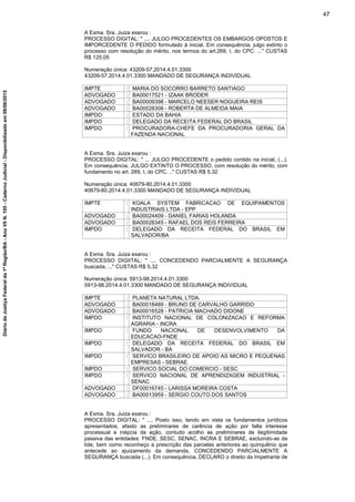 A Exma. Sra. Juiza exarou :
PROCESSO DIGITAL: " .... JULGO PROCEDENTES OS EMBARGOS OPOSTOS E
IMPORCEDENTE O PEDIDO formulado à inicial. Em consequência, julgo extinto o
processo com resolução do mérito, nos termos do art.269, I, do CPC. ..." CUSTAS
R$ 125,05
Numeração única: 43209-57.2014.4.01.3300
43209-57.2014.4.01.3300 MANDADO DE SEGURANÇA INDIVIDUAL
IMPTE : MARIA DO SOCORRO BARRETO SANTIAGO
ADVOGADO : BA00017521 - IZAAK BRODER
ADVOGADO : BA00009398 - MARCELO NEESER NOGUEIRA REIS
ADVOGADO : BA00028308 - ROBERTA DE ALMEIDA MAIA
IMPDO : ESTADO DA BAHIA
IMPDO : DELEGADO DA RECEITA FEDERAL DO BRASIL
IMPDO : PROCURADORA-CHEFE DA PROCURADORIA GERAL DA
FAZENDA NACIONAL
A Exma. Sra. Juiza exarou :
PROCESSO DIGITAL: " ... JULGO PROCEDENTE o pedido contido na inicial, (...).
Em consequência, JULGO EXTINTO O PROCESSO, com resolução do mérito, com
fundamento no art. 269, I, do CPC. .." CUSTAS R$ 5,32
Numeração única: 40679-80.2014.4.01.3300
40679-80.2014.4.01.3300 MANDADO DE SEGURANÇA INDIVIDUAL
IMPTE : KOALA SYSTEM FABRICACAO DE EQUIPAMENTOS
INDUSTRIAIS LTDA - EPP
ADVOGADO : BA00024409 - DANIEL FARIAS HOLANDA
ADVOGADO : BA00028345 - RAFAEL DOS REIS FERREIRA
IMPDO : DELEGADO DA RECEITA FEDERAL DO BRASIL EM
SALVADOR/BA
A Exma. Sra. Juiza exarou :
PROCESSO DIGIITAL: " .... CONCEDENDO PARCIALMENTE A SEGURANÇA
buscada, ..." CUSTAS R$ 5,32
Numeração única: 5913-98.2014.4.01.3300
5913-98.2014.4.01.3300 MANDADO DE SEGURANÇA INDIVIDUAL
IMPTE : PLANETA NATURAL LTDA.
ADVOGADO : BA00018489 - BRUNO DE CARVALHO GARRIDO
ADVOGADO : BA00016528 - PATRICIA MACHADO DIDONE
IMPDO : INSTITUTO NACIONAL DE COLONIZACAO E REFORMA
AGRARIA - INCRA
IMPDO : FUNDO NACIONAL DE DESENVOLVIMENTO DA
EDUCACAO-FNDE
IMPDO : DELEGADO DA RECEITA FEDERAL DO BRASIL EM
SALVADOR - BA
IMPDO : SERVICO BRASILEIRO DE APOIO AS MICRO E PEQUENAS
EMPRESAS - SEBRAE
IMPDO : SERVICO SOCIAL DO COMERCIO - SESC
IMPDO : SERVICO NACIONAL DE APRENDIZAGEM INDUSTRIAL -
SENAC
ADVOGADO : DF00016745 - LARISSA MOREIRA COSTA
ADVOGADO : BA00013959 - SERGIO COUTO DOS SANTOS
A Exma. Sra. Juiza exarou :
PROCESSO DIGITAL: " .... Posto isso, tendo em vista os fundamentos jurídicos
apresentados, afasto as preliminares de carência de ação por falta interesse
processual e inépcia da ação, contudo acolho as preliminares de ilegitimidade
passiva das entidades: FNDE, SESC, SENAC, INCRA E SEBRAE, excluindo-as da
lide, bem como reconheço a prescrição das parcelas anteriores ao quinquênio que
antecede ao ajuizamento da demanda, CONCEDENDO PARCIALMENTE A
SEGURANÇA buscada (...). Em consequência, DECLARO o direito da Impetrante de
47
DiáriodaJustiçaFederalda1ªRegião/BA-AnoVIIN.105-CadernoJudicial-Disponibilizadoem08/06/2015
 