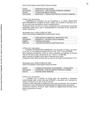 2007.33.00.019063-2 EXECUÇÃO FISCAL/OUTRAS
EXQTE : MUNICIPIO DE SALVADOR
ADVOGADO : BA00018519 - JOSE ANTONIO FERREIRA GARRIDO
EXCDO : CAIXA ECONOMICA FEDERAL
ADVOGADO : BA00018437 - TEREZA CRISTINA DE OLIVEIRA CARNEIRO
A Exma. Sra. Juiza exarou :
" .... CONHEÇO dos embargos, vez que tempestivos e, no mérito, NEGO-LHES
DOU PROVIMENTO, corrigindo de ofício, todavia, erro material na Sentença de fI.
26, de modo a que nela passe a conter o seguinte trecho:
"Expeça-se Alvará em favor do municio de Salvador para levantamento da quantia
depositada nestes autos, ante a impossibilidade de conversão de tais valores em
renda". Intimem-se. "
Numeração única: 14335-14.2004.4.01.3300
2004.33.00.014338-2 EMBARGOS À EXECUÇÃO FISCAL
EMBTE : PNEUSERVICE COMERCIO E INDUSTRIA LTDA
ADVOGADO : BA00007615 - ANTONIO CARLOS RIBEIRO
EMBDO : FAZENDA NACIONAL
PROCUR : - NELSON SILVERIO DE SANT'ANA FILHO
A Exma. Sra. Juiza exarou :
" .... EXTINGO OS PRESENTES EMBARGOS, sem resolução do mérito, com fulcro
no art. 267, IV, do Código de Processo Civil c/c o art. 16, § 1°, da Lei 6.830/80.
Sem honorários advocatícios, tendo em vista a aplicação, por analogia, da Súmula
168 do TFR. Sem custas, nos termos do art. 7°da Lei n. 9.289/1996.
Após o trânsito em julgado, dê-se baixa e arquivem-se os autos.
Traslade-se cópia desta sentença para os autos da execução fiscal respectiva. P.R.!.
"
Numeração única: 22496-76.2005.4.01.3300
2005.33.00.022509-2 EXECUÇÃO FISCAL/OUTRAS
EXQTE : CONSELHO REGIONAL DE ECONOMIA - 1A REGIAO/RJ
ADVOGADO : RJ00064900 - CARLOS ALBERTO BOECHAT RANGEL
EXCDO : ROSANE SIMAS MOREIRA
A Exma. Sra. Juiza exarou :
" .... considero que a certidão de dívida ativa não apresenta a necessária
fundamentação legal, motivo pelo qual EXTINGO a execução, sem resolução do
mérito, com fulcro no art. 267, inciso IV, do CPC.
Condeno a parte exequente no pagamento das custas processuais. Sem honorários
advocatícios, ante a inexistência de angularização da relação jurídica processual.
Levante-se a penhora, se houver. Após o trânsito em julgado desta sentença, dê-se
baixa e arquivem-se os autos.
P. R. I. "
54
DiáriodaJustiçaFederalda1ªRegião/BA-AnoVIIN.105-CadernoJudicial-Disponibilizadoem08/06/2015
 