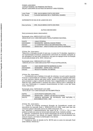 PODER JUDICIÁRIO
JUSTIÇA FEDERAL DE PRIMEIRA INSTÂNCIA
SEÇÃO JUDICIÁRIA DO ESTADO DA BAHIA-8ª VARA FEDERAL
Juiza Titular : DRA. NILZA MARIA COSTA DOS REIS
Dir. Secret. : CLÁUDIA MARIANO DE A TEMPORAL SOARES
EXPEDIENTE DO DIA 05 DE JUNHO DE 2015
Atos da Exma. : DRA. NILZA MARIA COSTA DOS REIS
AUTOS COM DECISÃO
No(s) processo(s) abaixo relacionado(s)
Numeração única: 40632-43.2013.4.01.3300
40632-43.2013.4.01.3300 EXECUÇÃO FISCAL/FAZENDA NACIONAL
EXQTE : UNIAO FEDERAL
ADVOGADO : BA00008789 - MARCELA BASSI PERES
EXCDO : CJ CONSTRUTORA E INCORPORADORA LTDA
ADVOGADO : BA00010607 - ARISTOTENES DOS SANTOS MOREIRA
A Exma. Sra. Juiza exarou :
"Determino a intimação da parte ré para que, no prazo de 10 (dez)dias, regularize a
sua representação processual, apresentando instrumento de mandato outorgado ao
seu advogado e os seus atos constitutivos, sob pena de rejeição liminar da exceção
de pré-executividade de fls. 25/43. Intimem-se."
Numeração única: 12800-64.2015.4.01.3300
12800-64.2015.4.01.3300 EXECUCAO POR TITULO EXTRAJUDICIAL
EXQTE : CAIO CEZAR SANTOS BARBOSA ALVES
ADVOGADO : BA00028661 - MARIA ADAIL SANTOS
EXCDO : RECEITA FEDERAL DO BRASIL
A Exma. Sra. Juiza exarou :
" .... Considerando que a hipótese é de ação de cobrança. na qual a parte requerida
há de ter a oportunidade de 'contestar a origem, a validade eas condições referentes
ao título executivo referido pela parte autora, declaro a incompetência deste Juízo
para processar e julgar a presente demanda, face à especificidade da competência
desta 8a Vara, determinando a remessa dos autos à SECLA para a realização de
uma nova Distribuição e o posterior encaminhamento do feito a uma das Varas
Cíveis. Intimem-se. "
Numeração única: 15475-39.2011.4.01.3300
15475-39.2011.4.01.3300 EXCEÇÃO DE INCOMPETÊNCIA
EXPTE : AUTO POSTO GAROUPA LTDA
ADVOGADO : BA00010363 - JORGE LUIZ MATOS OLIVEIRA
EXCTO : AGENCIA NACIONAL DE PETROLEO, GAS NATURAL E
BIOCOMBUSTIVEIS - ANP
A Exma. Sra. Juiza exarou :
"1 - Trata-se de incidente processual (Exceção de Competência) surgido em
decorrência da execução fiscal n. 39392-24.2010.4.01.3300, razão pala qual não
comporta qualquer discussão acerca do crédito exequendo. Por
isso, determino o desentranhamento das peças de fls. 111/112 e 118 e a sua
posterior juntada aos autos da mencionada execução fiscal, mediante certidão.
2 - Ademais, considerando não ter havido interposição de recurso da decisão de fI.
98/100, provocando o seu trânsito em julgado, determino o encaminhamento dos
autos ao arquivo, com baixa na distribuição e nos demais
registros pertinentes.
3 - Traslade-se cópia da decisão de fls. 98/100 para os autos da execução fiscal
antes referida. Intimem-se. "
55
DiáriodaJustiçaFederalda1ªRegião/BA-AnoVIIN.105-CadernoJudicial-Disponibilizadoem08/06/2015
 