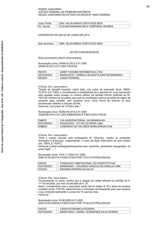 PODER JUDICIÁRIO
JUSTIÇA FEDERAL DE PRIMEIRA INSTÂNCIA
SEÇÃO JUDICIÁRIA DO ESTADO DA BAHIA-8ª VARA FEDERAL
Juiza Titular : DRA. NILZA MARIA COSTA DOS REIS
Dir. Secret. : CLÁUDIA MARIANO DE A TEMPORAL SOARES
EXPEDIENTE DO DIA 05 DE JUNHO DE 2015
Atos da Exma. : DRA. NILZA MARIA COSTA DOS REIS
AUTOS COM DESPACHO
No(s) processo(s) abaixo relacionado(s)
Numeração única: 20490-52.2012.4.01.3300
20490-52.2012.4.01.3300 CAUCAO
REQTE : SEMP TOSHIBA INFORMATICA LTDA
ADVOGADO : BA00023270 - DANIELA AUGUSTA SANTOS BRANDAO
REQDO : UNIAO FEDERAL
A Exma. Sra. Juiza exarou :
"Diante da decisão exarada, nesta data, nos autos da execução fiscal 18902-
10.2012.4.01.3300, e considerando a possibilidade de a garantia do Juízo transposta
para aqueles autos ensejar os mesmo efeitos da decisão liminar proferida às fls.
144/148, intimem-se as partes para que se manifestem acerca da perda do objeto da
presente ação cautelar, sem qualquer ônus, como forma de otimizar os atos
processuais voltados à solução da lide.
Intime-se, com prazo de 10 (dez) dias. "
Numeração única: 30280-89.2014.4.01.3300
30280-89.2014.4.01.3300 EMBARGOS À EXECUÇÃO FISCAL
EMBTE : CIA AGROPASTORIAL JACARANDA BA
ADVOGADO : PE00025263 - IVO DE OLIVEIRA LIMA
EMBDO : COMISSAO DE VALORES MOBILIARIOS CVM
A Exma. Sra. Juiza exarou :
"Ante o quanto aduzido pela embargante (fI. 33Iverso), recebo os presentes
Embargos à Execução, suspendendo o curso da Ação Executória de que cuidam
(art. 739-A, § 1°/CPC).
Intime-se a parte embargada/exequente para, querendo, apresentar impugnação, no
prazo legal. .... "
Numeração única: 1074-11.2006.4.01.3300
2006.33.00.001073-5 EXECUCAO POR TITULO EXTRAJUDICIAL
EXQTE : FUNDACAO HABITACIONAL DO EXERCITO FHE
ADVOGADO : BA00004403 - EDUARDO ARGOLO DE ARAUJO LIMA
EXCDO : ERASMO PEREIRA DA SILVA
A Exma. Sra. Juiza exarou :
"Compulsando os autos, verifico que a citação por edital referida na certidão de fI.
111 foi anulada, por meio da decisão de fI. 25.
Assim, considerando que o executado ainda não foi citado (fI. 97), deixo de analisar
o pedido de fls. 103/104, determinando a intimação da Exeqüente para que requeira
o que entender pertinente no prazo de 15 (quinze) dias.
Intime-se. "
Numeração única: 25-66.2005.4.01.3300
2005.33.00.000025-4 EXECUCAO POR TITULO EXTRAJUDICIAL
EXQTE : CAIXA ECONOMICA FEDERAL
ADVOGADO : BA00019254 - DANIEL GUIMARAES SILVA ROMAN
56
DiáriodaJustiçaFederalda1ªRegião/BA-AnoVIIN.105-CadernoJudicial-Disponibilizadoem08/06/2015
 