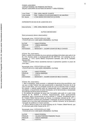 PODER JUDICIÁRIO
JUSTIÇA FEDERAL DE PRIMEIRA INSTÂNCIA
SEÇÃO JUDICIÁRIA DO ESTADO DA BAHIA-1ª VARA FEDERAL
Juiza Titular : DRA. ARALI MACIEL DUARTE
Juiza Substit. : DRA. TANNILLE ELLEN NASCIMENTO DE MACÊDO
Dir. Secret. : LYGIA MARIA DOS SANTOS OLIVEIRA
EXPEDIENTE DO DIA 05 DE JUNHO DE 2015
Atos da Exma. : DRA. ARALI MACIEL DUARTE
AUTOS COM DECISÃO
No(s) processo(s) abaixo relacionado(s)
Numeração única: 17572-07.2014.4.01.3300
17572-07.2014.4.01.3300 AÇÃO ORDINÁRIA / OUTRAS
AUTOR : UNIAO FEDERAL
PROCUR : - ENEAS ANDRADE
REU : K N P K
ADVOGADO : BA00033671 - GILMAR CESAR DE MELO CHAVES
A Exma. Sra. Juiza exarou :
Defiro o pedido de produção de prova pericial psicológica,formulado pela parte ré às
fls. 613. Nomeio perita a psicólogo(a)ELSA DE MATTOS, com endereço na Av.
Garibaldi, nº 1.815, Centro Médico Empresarial Garibaldi, sala 301-B, Garibaldi,
Salvador/BA...
...Podem as partes indicar assistentes técnicos e apresentar quesitos no prazo de
cinco dias...
Numeração única: 17572-07.2014.4.01.3300
17572-07.2014.4.01.3300 AÇÃO ORDINÁRIA / OUTRAS
AUTOR : UNIAO FEDERAL
PROCUR : - ENEAS ANDRADE
REU : K N P K
ADVOGADO : BA00033671 - GILMAR CESAR DE MELO CHAVES
A Exma. Sra. Juiza exarou :
1. Não é necessária, neste momento, a realização de perícia sócio-econômica, uma
vez que a União Federal não está questionando a capacidade financeira da ré de
criar os seus filhos, nem as condições sociais em que os menores vivem no Brasil.
No entanto, o referido pedido pode ser reexaminado após a realização da perícia
psicológica, a requerimento da parte interessada, se for demonstrada a necessidade
de produção da perícia sócio-econômica.
2. Os pedidos de produção de prova oral, formulados pela parte ré e pela União
Federal às fls. 603/615 e 617/618, respectivamente, serão oportunamente
apreciados, após o encerramento da prova pericial. 3. Todavia, considerando que o
Sr. Frederic Gilbert Nonnot reside na França, no endereço indicado às fls. 617, e
deve comparecer ao Brasil para possibilitar a realização da perícia psicológica, nada
impede que a sua oitiva seja antecipada para o referido momento, se for possível a
marcação de audiência no mesmo período...
...5. Dê-se ciência à parte ré do atual endereço do Sr. Frederic Gilbelt Nonnot, que
foi informado pela União Federal às fls. 617.
Numeração única: 11070-52.2014.4.01.3300
11070-52.2014.4.01.3300 AÇÃO ORDINÁRIA / OUTRAS
AUTOR : UNIAO FEDERAL
PROCUR : - DILSON PORFIRIO PINHEIRO TELES
PROCUR : - ENEAS ANDRADE
REU : A DE M S
6
DiáriodaJustiçaFederalda1ªRegião/BA-AnoVIIN.105-CadernoJudicial-Disponibilizadoem08/06/2015
 