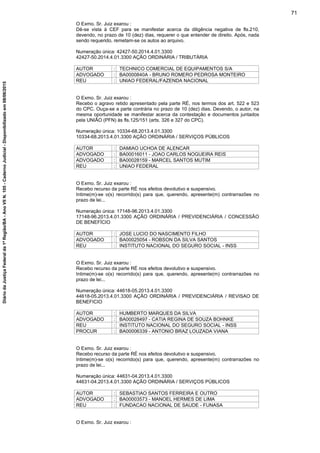 O Exmo. Sr. Juiz exarou :
Dê-se vista à CEF para se manifestar acerca da diligência negativa de fls.210,
devendo, no prazo de 10 (dez) dias, requerer o que entender de direito. Após, nada
sendo requerido, remetam-se os autos ao arquivo.
Numeração única: 42427-50.2014.4.01.3300
42427-50.2014.4.01.3300 AÇÃO ORDINÁRIA / TRIBUTÁRIA
AUTOR : TECHNICO COMERCIAL DE EQUIPAMENTOS S/A
ADVOGADO : BA0000840A - BRUNO ROMERO PEDROSA MONTEIRO
REU : UNIAO FEDERAL/FAZENDA NACIONAL
O Exmo. Sr. Juiz exarou :
Recebo o agravo retido apresentado pela parte RÉ, nos termos dos art. 522 e 523
do CPC. Ouça-se a parte contrária no prazo de 10 (dez) dias. Devendo, o autor, na
mesma oportunidade se manifestar acerca da contestação e documentos juntados
pela UNIÃO (PFN) às fls.125/151 (arts. 326 e 327 do CPC).
Numeração única: 10334-68.2013.4.01.3300
10334-68.2013.4.01.3300 AÇÃO ORDINÁRIA / SERVIÇOS PÚBLICOS
AUTOR : DAMIAO UCHOA DE ALENCAR
ADVOGADO : BA00016011 - JOAO CARLOS NOGUEIRA REIS
ADVOGADO : BA00028159 - MARCEL SANTOS MUTIM
REU : UNIAO FEDERAL
O Exmo. Sr. Juiz exarou :
Recebo recurso da parte RÉ nos efeitos devolutivo e suspensivo.
Intime(m)-se o(s) recorrido(s) para que, querendo, apresente(m) contrarrazões no
prazo de lei...
Numeração única: 17148-96.2013.4.01.3300
17148-96.2013.4.01.3300 AÇÃO ORDINÁRIA / PREVIDENCIÁRIA / CONCESSÃO
DE BENEFÍCIO
AUTOR : JOSE LUCIO DO NASCIMENTO FILHO
ADVOGADO : BA00025054 - ROBSON DA SILVA SANTOS
REU : INSTITUTO NACIONAL DO SEGURO SOCIAL - INSS
O Exmo. Sr. Juiz exarou :
Recebo recurso da parte RÉ nos efeitos devolutivo e suspensivo.
Intime(m)-se o(s) recorrido(s) para que, querendo, apresente(m) contrarrazões no
prazo de lei...
Numeração única: 44618-05.2013.4.01.3300
44618-05.2013.4.01.3300 AÇÃO ORDINÁRIA / PREVIDENCIÁRIA / REVISAO DE
BENEFICIO
AUTOR : HUMBERTO MARQUES DA SILVA
ADVOGADO : BA00028497 - CATIA REGINA DE SOUZA BOHNKE
REU : INSTITUTO NACIONAL DO SEGURO SOCIAL - INSS
PROCUR : BA00006339 - ANTONIO BRAZ LOUZADA VIANA
O Exmo. Sr. Juiz exarou :
Recebo recurso da parte RÉ nos efeitos devolutivo e suspensivo.
Intime(m)-se o(s) recorrido(s) para que, querendo, apresente(m) contrarrazões no
prazo de lei...
Numeração única: 44631-04.2013.4.01.3300
44631-04.2013.4.01.3300 AÇÃO ORDINÁRIA / SERVIÇOS PÚBLICOS
AUTOR : SEBASTIAO SANTOS FERREIRA E OUTRO
ADVOGADO : BA00003573 - MANOEL HERMES DE LIMA
REU : FUNDACAO NACIONAL DE SAUDE - FUNASA
O Exmo. Sr. Juiz exarou :
71
DiáriodaJustiçaFederalda1ªRegião/BA-AnoVIIN.105-CadernoJudicial-Disponibilizadoem08/06/2015
 