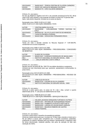 ADVOGADO : BA00018437 - TEREZA CRISTINA DE OLIVEIRA CARNEIRO
EXCDO : WEIDY DE CARVALHO MIRANDA COUTINHO
ADVOGADO : BA00033179 - CIRO CALHEIRA MENEZES
O Exmo. Sr. Juiz exarou :
Do teor da diligência negativa de fl.151 e da consulta processual de fls.153, dê-se
vista à CEF para requerer o que entender de direito no prazo de 15 (quinze) dias.
Após, nada sendo requerido, remetam-se os autos ao aquivo.
Numeração única: 26935-18.2014.4.01.3300
26935-18.2014.4.01.3300 AÇÃO ORDINÁRIA / FGTS
AUTOR : CRISTINA MARIA SILVA SA
ADVOGADO : BA00028598 - CARLAMARANA TORRES SANTANA DA
CRUZ
ADVOGADO : BA00020192 - SILVYO FLAVIO SANTOS DE MENEZES
REU : CAIXA ECONOMICA FEDERAL
ADVOGADO : BA00010884 - VERUSCHKA FERNANDES REGO
O Exmo. Sr. Juiz exarou :
Tendo em vista a decisão exarada no Recurso Especial nº 1.381.683-PE,
mantenham-se os autos suspensos. ..
Numeração única: 6406-12.2013.4.01.3300
6406-12.2013.4.01.3300 AÇÃO ORDINÁRIA / PREVIDENCIÁRIA / CONCESSÃO
DE BENEFÍCIO
AUTOR : ELADIO DE OLIVEIRA
ADVOGADO : BA00015447 - EURENICE RODRIGUES DE MAGALHAES
REU : INSTITUTO NACIONAL DO SEGURO SOCIAL - INSS
PROCUR : - JOELZA SANCHES COSTA VARELA
O Exmo. Sr. Juiz exarou :
Recebo recurso da parte RÉ (fls. 156/173) nos efeitos devolutivo e suspensivo.
Intime(m)-se o(s) recorrido(s) para que, querendo, apresente(m) contrarrazões no
prazo de lei...
Numeração única: 6413-33.2015.4.01.3300
6413-33.2015.4.01.3300 AÇÃO ORDINÁRIA / PREVIDENCIÁRIA / REVISAO DE
BENEFICIO
AUTOR : JOSE ELOI DA SILVA
ADVOGADO : BA00010702 - DJALMA DA SILVA LEANDRO
REU : INSTITUTO NACIONAL DO SEGURO SOCIAL - INSS
O Exmo. Sr. Juiz exarou :
Intime-se a parte autora para, no prazo de 10 ( dez ) dias, cumprir o quanto
determinado às fls. 77, sob pena de indeferimento da inicial.
Numeração única: 14686-98.2015.4.01.3300
14686-98.2015.4.01.3300 AÇÃO ORDINÁRIA / SERVIÇOS PÚBLICOS
AUTOR : HELDER JACKSON CERQUEIRA FURTADO E OUTROS
ADVOGADO : BA00017261 - ANTONIO DE ALBUQUERQUE PAIXAO
ADVOGADO : BA00017343 - HUMBERTO AUGUSTO PINTO NETO
ADVOGADO : BA00033555 - LARISSA DE AGUIAR BISPO ARRUDA
ADVOGADO : BA00014031 - MAURICIO RIBEIRO DE CASTRO
REU : UNIAO FEDERAL
O Exmo. Sr. Juiz exarou :
Concedo à parte autora o benefício da assistência judiciária.
Intime-se a parte autora para que, no prazo de 10 (dez) dias, emende a inicial com o
fito de atribuir à causa valor compatível com o proveito econômico pretendido,
justificando os critérios utilizados para sua fixação e apresentando o respectivo valor
de forma discriminada, mediante planilha, sob pena de extinção do feito sem
resolução de mérito.
73
DiáriodaJustiçaFederalda1ªRegião/BA-AnoVIIN.105-CadernoJudicial-Disponibilizadoem08/06/2015
 