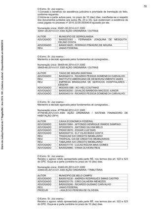 O Exmo. Sr. Juiz exarou :
1.Concedo o benefício da assistência judiciária e prioridade de tramitação do feito,
conforme requerido.
2.Intime-se a parte autora para, no prazo de 10 (dez) dias, manifestar-se a respeito
dos documentos juntados aos autos (fls. 23 a 33), que evidenciam a existência de
coisa julgada no processo nº 2010.33.00.003540-8 ajuizado por ela.
Numeração única: 30491-28.2014.4.01.3300
30491-28.2014.4.01.3300 AÇÃO ORDINÁRIA / OUTRAS
AUTOR : MUNICIPIO DE SERROLANDIA
ADVOGADO : BA00023383 - FERNANDA JOAQUINA DE MESQUITA
CELINO COSTA
ADVOGADO : BA00018420 - RODRIGO PINHEIRO DE MOURA
REU : UNIAO FEDERAL
O Exmo. Sr. Juiz exarou :
Mantenho a decisão agravada pelos fundamentos ali consignados...
Numeração única: 38405-46.2014.4.01.3300
38405-46.2014.4.01.3300 AÇÃO ORDINÁRIA / OUTRAS
AUTOR : TIAGO DE MOURA SANTANA
ADVOGADO : BA00040319 - RICARDO PESSOA DOMENECH CARVALHO
REU : INSTITUTO AMERICANO DE DESENVOLVIMENTO IADES
REU : EMPRESA BRASILEIRA DE SERVICOS HOSPITALARES -
EBSERH
ADVOGADO : MG00051588 - ACI HELI COUTINHO
ADVOGADO : BA00030250 - GIVALDO BARBOSA MACEDO JUNIOR
ADVOGADO : BA00040319 - RICARDO PESSOA DOMENECH CARVALHO
O Exmo. Sr. Juiz exarou :
Mantenho a decisão agravada pelos fundamentos ali consignados...
Numeração única: 47759-66.2012.4.01.3300
47759-66.2012.4.01.3300 AÇÃO ORDINÁRIA / SISTEMA FINANCEIRO DE
HABITAÇÃO (SFH)
AUTOR : CAIXA ECONOMICA FEDERAL
ADVOGADO : BA00015984 - AFFONSO HENRIQUE RAMOS SAMPAIO
ADVOGADO : DF00005974 - ANTONIO GILVAN MELO
ADVOGADO : PR00018970 - EDGAR LUIZ DIAS
ADVOGADO : BA00004716 - ELY VILAS BOAS COSTA
REU : TRADICAO S/A CREDITO IMOBILIARIO
REU : TROPICAL CIA DE CREDITOS IMOBILIARIOS
REU : TABAJARA S/A CREDITO IMOBILIARIO
ADVOGADO : BA00031179 - LUCAS ROCHA MAIA GOMES
ADVOGADO : BA00029966 - VANIA OLIVEIRA REIS
O Exmo. Sr. Juiz exarou :
Recebo o agravo retido apresentado pela parte RÉ, nos termos dos art. 522 e 523
do CPC. Ouça-se a parte contrária no prazo de 10 (dez) dias.
Numeração única: 33463-05.2013.4.01.3300
33463-05.2013.4.01.3300 AÇÃO ORDINÁRIA / TRIBUTÁRIA
AUTOR : MUNICIPIO DE BELO CAMPO
ADVOGADO : BA00016230 - ANDREA RODRIGUES SIMAS CASTRO
ADVOGADO : BA00033179 - CIRO CALHEIRA MENEZES
ADVOGADO : BA00029246 - RICARDO GUSMAO CARVALHO
REU : UNIAO FEDERAL
PROCUR : - AGILÉCIO PEREIRA DE OLIVEIRA
O Exmo. Sr. Juiz exarou :
Recebo o agravo retido apresentado pela parte RÉ, nos termos dos art. 522 e 523
do CPC. Ouça-se a parte contrária no prazo de 10 (dez) dias.
76
DiáriodaJustiçaFederalda1ªRegião/BA-AnoVIIN.105-CadernoJudicial-Disponibilizadoem08/06/2015
 