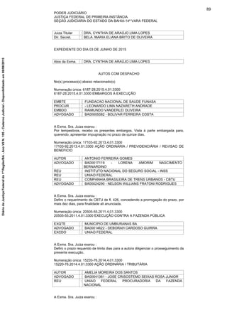 PODER JUDICIÁRIO
JUSTIÇA FEDERAL DE PRIMEIRA INSTÂNCIA
SEÇÃO JUDICIÁRIA DO ESTADO DA BAHIA-14ª VARA FEDERAL
Juiza Titular : DRA. CYNTHIA DE ARAÚJO LIMA LOPES
Dir. Secret. : BELA. MARIA ELIANA BRITO DE OLIVEIRA
EXPEDIENTE DO DIA 03 DE JUNHO DE 2015
Atos da Exma. : DRA. CYNTHIA DE ARAÚJO LIMA LOPES
AUTOS COM DESPACHO
No(s) processo(s) abaixo relacionado(s)
Numeração única: 6187-28.2015.4.01.3300
6187-28.2015.4.01.3300 EMBARGOS À EXECUÇÃO
EMBTE : FUNDACAO NACIONAL DE SAUDE FUNASA
PROCUR : - LEONARDO LIMA NAZARETH ANDRADE
EMBDO : RAIMUNDO VANDERLEI OLIVEIRA
ADVOGADO : BA00005082 - BOLIVAR FERREIRA COSTA
A Exma. Sra. Juiza exarou :
Por tempestivos, recebo os presentes embargos. Vista à parte embargada para,
querendo, apresentar impugnação no prazo de quinze dias.
Numeração única: 17103-92.2013.4.01.3300
17103-92.2013.4.01.3300 AÇÃO ORDINÁRIA / PREVIDENCIÁRIA / REVISAO DE
BENEFICIO
AUTOR : ANTONIO FERREIRA GOMES
ADVOGADO : BA00017119 - LORENA AMORIM NASCIMENTO
BERNARDINO
REU : INSTITUTO NACIONAL DO SEGURO SOCIAL - INSS
REU : UNIAO FEDERAL
REU : COMPANHIA BRASILEIRA DE TRENS URBANOS - CBTU
ADVOGADO : BA00024290 - NELSON WILLIANS FRATONI RODRIGUES
A Exma. Sra. Juiza exarou :
Defiro o requerimento da CBTU de fl. 426, concedendo a prorrogação do prazo, por
mais dez dias, para finalidade ali anunciada.
Numeração única: 20505-55.2011.4.01.3300
20505-55.2011.4.01.3300 EXECUÇÃO CONTRA A FAZENDA PÚBLICA
EXQTE : MUNICIPIO DE UMBURANAS BA
ADVOGADO : BA00014622 - DEBORAH CARDOSO GUIRRA
EXCDO : UNIAO FEDERAL
A Exma. Sra. Juiza exarou :
Defiro o prazo requerido de trinta dias para a autora diligenciar o prosseguimento da
presente execução.
Numeração única: 15220-76.2014.4.01.3300
15220-76.2014.4.01.3300 AÇÃO ORDINÁRIA / TRIBUTÁRIA
AUTOR : AMELIA MOREIRA DOS SANTOS
ADVOGADO : BA00041361 - JOSE CRISOSTEMO SEIXAS ROSA JUNIOR
REU : UNIAO FEDERAL PROCURADORIA DA FAZENDA
NACIONAL
A Exma. Sra. Juiza exarou :
89
DiáriodaJustiçaFederalda1ªRegião/BA-AnoVIIN.105-CadernoJudicial-Disponibilizadoem08/06/2015
 