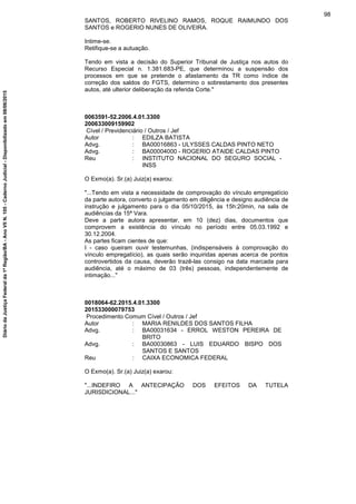 SANTOS, ROBERTO RIVELINO RAMOS, ROQUE RAIMUNDO DOS
SANTOS e ROGERIO NUNES DE OLIVEIRA.
Intime-se.
Retifique-se a autuação.
Tendo em vista a decisão do Superior Tribunal de Justiça nos autos do
Recurso Especial n. 1.381.683-PE, que determinou a suspensão dos
processos em que se pretende o afastamento da TR como índice de
correção dos saldos do FGTS, determino o sobrestamento dos presentes
autos, até ulterior deliberação da referida Corte."
0063591-52.2006.4.01.3300
200633009159902
Cível / Previdenciário / Outros / Jef
Autor : EDILZA BATISTA
Advg. : BA00016863 - ULYSSES CALDAS PINTO NETO
Advg. : BA00004000 - ROGERIO ATAIDE CALDAS PINTO
Reu : INSTITUTO NACIONAL DO SEGURO SOCIAL -
INSS
O Exmo(a). Sr.(a) Juiz(a) exarou:
"...Tendo em vista a necessidade de comprovação do vínculo empregatício
da parte autora, converto o julgamento em diligência e designo audiência de
instrução e julgamento para o dia 05/10/2015, às 15h:20min, na sala de
audiências da 15ª Vara.
Deve a parte autora apresentar, em 10 (dez) dias, documentos que
comprovem a existência do vínculo no período entre 05.03.1992 e
30.12.2004.
As partes ficam cientes de que:
I - caso queiram ouvir testemunhas, (indispensáveis à comprovação do
vínculo empregatício), as quais serão inquiridas apenas acerca de pontos
controvertidos da causa, deverão trazê-las consigo na data marcada para
audiência, até o máximo de 03 (três) pessoas, independentemente de
intimação..."
0018064-62.2015.4.01.3300
201533000079753
Procedimento Comum Cível / Outros / Jef
Autor : MARIA RENILDES DOS SANTOS FILHA
Advg. : BA00031634 - ERROL WESTON PEREIRA DE
BRITO
Advg. : BA00030863 - LUIS EDUARDO BISPO DOS
SANTOS E SANTOS
Reu : CAIXA ECONOMICA FEDERAL
O Exmo(a). Sr.(a) Juiz(a) exarou:
"...INDEFIRO A ANTECIPAÇÃO DOS EFEITOS DA TUTELA
JURISDICIONAL..."
98
DiáriodaJustiçaFederalda1ªRegião/BA-AnoVIIN.105-CadernoJudicial-Disponibilizadoem08/06/2015
 