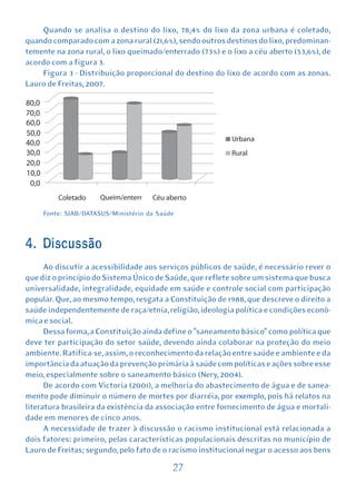 Quando se analisa o destino do lixo, 78,4% do lixo da zona urbana é coletado,
quando comparado com a zona rural (21,6%), sendo outros destinos do lixo, predominan-
temente na zona rural, o lixo queimado/enterrado (73%) e o lixo a céu aberto (53,6%), de
acordo com a figura 3.
    Figura 3 - Distribuição proporcional do destino do lixo de acordo com as zonas.
Lauro de Freitas, 2007.




     Fonte: SIAB/DATASUS/Ministério da Saúde



4. Discussão
      Ao discutir a acessibilidade aos serviços públicos de saúde, é necessário rever o
que diz o princípio do Sistema Único de Saúde, que reflete sobre um sistema que busca
universalidade, integralidade, equidade em saúde e controle social com participação
popular. Que, ao mesmo tempo, resgata a Constituição de 1988, que descreve o direito a
saúde independentemente de raça/etnia, religião, ideologia política e condições econô-
mica e social.
      Dessa forma, a Constituição ainda define o "saneamento básico" como política que
deve ter participação do setor saúde, devendo ainda colaborar na proteção do meio
ambiente. Ratifica-se, assim, o reconhecimento da relação entre saúde e ambiente e da
importância da atuação da prevenção primária à saúde com políticas e ações sobre esse
meio, especialmente sobre o saneamento básico (Nery, 2004).
      De acordo com Victoria (2001), a melhoria do abastecimento de água e de sanea-
mento pode diminuir o número de mortes por diarréia, por exemplo, pois há relatos na
literatura brasileira da existência da associação entre fornecimento de água e mortali-
dade em menores de cinco anos.
      A necessidade de trazer à discussão o racismo institucional está relacionada a
dois fatores: primeiro, pelas características populacionais descritas no município de
Lauro de Freitas; segundo, pelo fato de o racismo institucional negar o acesso aos bens

                                           27
 