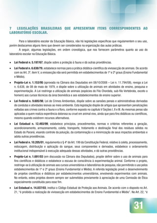 31
7 LEGISLAÇÕES BRASILEIRAS QUE APRESENTAM ITENS CORRESPONDENTES AO
LABORATÓRIO ESCOLAR.
Para o laboratório escolar da Educação Básica, não há legislações específicas que regulamentem o seu uso,
porém destacamos alguns itens que devem ser considerados na organização das aulas práticas.
A seguir, algumas legislações, em ordem cronológica, que nos fornecem parâmetros quanto ao uso do
laboratório escolar na Educação Básica.
•	 Lei Federal n. 5.197/67, dispõe sobre a proteção à fauna e dá outras providências.
•	 Lei Federal n. 6.638/79, estabelece normas para a prática didática-científica da vivissecção de animais. De acordo
com os Art. 3º, item V, a vivissecção não será permitida em estabelecimentos de 1º e 2º graus (Ensino Fundamental
e Médio).
•	 Projeto-Lei n. 1.153/95 (aprovada na Câmara dos Deputados em 08/10/2008 – Lei n. 11.794/08), revoga a Lei
n. 6.638, de 08 de maio de 1979, e dispõe sobre a utilização de animais em atividades de ensino, pesquisa e
experimentação. A Lei restringe a utilização de animais (espécies do Filo Chordata, sub-filo Vertebrata, exceto o
homem) aos cursos técnicos da área biomédica e aos estabelecimentos de ensino superior.
•	 Lei Federal n. 9.605/98, Lei de Crimes Ambientais, dispõe sobre as sansões penais e administrativas derivadas
de condutas e atividades lesivas ao meio ambiente. Esta legislação dispõe de artigos que apresentam penalizações
voltadas aos crimes contra a fauna e a flora, conforme exposto no capítulo V Seções l, II e III. As mesmas penas são
aplicadas a quem realiza experiência dolorosa ou cruel em animal vivo, ainda que para fins didáticos ou científicos,
mesmo quando existirem recursos alternativos.
•	 Lei Estadual n. 12.493/99, estabelece princípios, procedimentos, normas e critérios referentes a geração,
acondicionamento, armazenamento, coleta, transporte, tratamento e destinação final dos resíduos sólidos no
Estado do Paraná, visando controle da poluição, da contaminação e a minimização de seus impactos ambientais e
adota outras providências.
•	 Lei Federal n. 10.205/01, regulamenta o § 4º do Art. 199 da Constituição Federal, relativo à coleta, processamento,
estocagem, distribuição e aplicação do sangue, seus componentes e derivados, estabelece o ordenamento
institucional indispensável à execução adequada dessas atividades, e dá outras providências.
•	 Projeto-Lei n. 1.691/03 (em discussão na Câmara dos Deputados), propõe definir sobre o uso de animais para
fins científicos e didáticos e estabelece a escusa de consciência à experimentação animal. Conforme o projeto,
restringe-se à utilização de animais aos cursos universitários e laboratórios de pesquisa,não permitindo o uso pelos
estabelecimentos de 1º e 2º graus (Ensino Fundamental e Médio). A referida legislação prevê o desenvolvimento
de projetos científicos e didáticos por estabelecimentos universitários, envolvendo experimentos com animais.
No entanto, estes projetos devem sempre ser submetidos previamente à apreciação de uma Comissão de Ética
especialmente constituída para esse fim.
•	 Lei Estadual n. 14.037/03, institui o Código Estadual de Proteção aos Animais. De acordo com o disposto no Art.
21, “é proibida a realização de vivissecção em estabelecimentos de Ensino Fundamental e Médio”. No Art. 22, “é
 