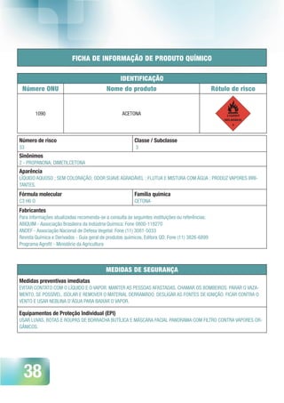38
FICHA DE INFORMAÇÃO DE PRODUTO QUÍMICO
IDENTIFICAÇÃO
Número ONU Nome do produto Rótulo de risco
1090 ACETONA
Número de risco
33
Classe / Subclasse
 3
Sinônimos
2 - PROPANONA; DIMETILCETONA
Aparência
LÍQUIDO AQUOSO ; SEM COLORAÇÃO; ODOR SUAVE AGRADÁVEL ; FLUTUA E MISTURA COM ÁGUA ; PRODUZ VAPORES IRRI-
TANTES.
Fórmula molecular
C3 H6 O
Família química
CETONA
Fabricantes
Para informações atualizadas recomenda-se a consulta às seguintes instituições ou referências:
ABIQUIM - Associação Brasileira da Indústria Química: Fone 0800-118270
ANDEF - Associação Nacional de Defesa Vegetal: Fone (11) 3081-5033
Revista Química e Derivados - Guia geral de produtos químicos, Editora QD: Fone (11) 3826-6899 
Programa Agrofit - Ministério da Agricultura
MEDIDAS DE SEGURANÇA
Medidas preventivas imediatas
EVITAR CONTATO COM O LÍQUIDO E O VAPOR. MANTER AS PESSOAS AFASTADAS. CHAMAR OS BOMBEIROS. PARAR O VAZA-
MENTO, SE POSSÍVEL. ISOLAR E REMOVER O MATERIAL DERRAMADO. DESLIGAR AS FONTES DE IGNIÇÃO. FICAR CONTRA O
VENTO E USAR NEBLINA D’ÁGUA PARA BAIXAR O VAPOR.
Equipamentos de Proteção Individual (EPI)
USAR LUVAS, BOTAS E ROUPAS DE BORRACHA BUTÍLICA E MÁSCARA FACIAL PANORAMA COM FILTRO CONTRA VAPORES OR-
GÂNICOS.
 