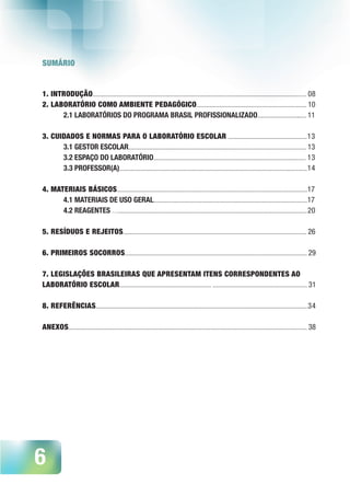 6
SUMÁRIO
1. INTRODUÇÃO....................................................................................................................................................... 08
2. LABORATÓRIO COMO AMBIENTE PEDAGÓGICO.............................................................................. 10
2.1 LABORATÓRIOS DO PROGRAMA BRASIL PROFISSIONALIZADO................................... 11
3. CUIDADOS E NORMAS PARA O LABORATÓRIO ESCOLAR ........................................................13
3.1 GESTOR ESCOLAR.............................................................................................................................. 13
3.2 ESPAÇO DO LABORATÓRIO............................................................................................................ 13
3.3 PROFESSOR(A).....................................................................................................................................14
4. MATERIAIS BÁSICOS.......................................................................................................................................17
4.1 MATERIAIS DE USO GERAL.............................................................................................................17
4.2 REAGENTES …......................................................................................................................................20
5. RESÍDUOS E REJEITOS.................................................................................................................................. 26
6. PRIMEIROS SOCORROS................................................................................................................................. 29
7. LEGISLAÇÕES BRASILEIRAS QUE APRESENTAM ITENS CORRESPONDENTES AO
LABORATÓRIO ESCOLAR................................................................. ................................................................... 31
8. REFERÊNCIAS......................................................................................................................................................34
ANEXOS......................................................................................................................................................................... 38
 