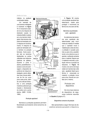 máticos, ou qualquer
combinação destes.
Um exemplo de
uma barreira interligada
é mostrado na figura
11. O mecanismo bate-
dor de uma máquina de
desbaste (usada na
indústria têxtil) é coberto
por uma barreira interli-
gada. Esta barreira não
pode ser levantada com
a máquina em funciona-
mento. A máquina só
pode ser reiniciada com
a barreira na posição
fechada. Outro exem-
plo são as barreiras
deslizantes ou portas
utilizadas nas máquinas
injetoras de plástico.
Quando a porta é
aberta, possibilitando o
acesso à zona de pren-
sagem, o dispositivo de
potência da máquina é
desligado, sendo utiliza-
das duas chaves elétri-
cas de fim de curso
para cada porta, além
de uma válvula hidráu-
lica e uma proteção
mecânica adicional que
impede o fechamento
do molde com a porta
aberta (NBR 13.536,
1995).
Proteção ajustável.
Barreiras ou proteções ajustáveis permitem
flexibilidade acomodando vários tamanhos de
materiais.
A Figura 12 mostra
uma proteção ajustável tipo
telescópica, usada para
proteger o movimento da
lâmina de uma serra de fita.
Barreiras ou proteções
auto - ajustáveis
As aberturas das barrei-
ras auto- ajustáveis são
determinadas pelo movi-
mento do material. À medida
que o operador move o
material para a área de risco,
a proteção é puxada para
trás ou para cima, possibili-
tando uma abertura que é
grande o suficiente somente
para o material. Depois que
o material é removido, a pro-
teção retorna à posição de
descanso. A Figura 13
mostra uma serra de braço
radial com barreira tipo coifa
auto – ajustável. Assim que a
lâmina é empurrada ao
material, a proteção move
para cima, ficando em con-
tato com o mesmo.
Proteção com
dispositivos
Há cinco tipos básicos
de dispositivos de segu-
rança conforme resumido
no Quadro 2 (página 21).
Dispositivos sensores de posição
São apresentados a seguir três tipos de dis-
positivos sensores que param a máquina ou
- 16-
Análise de riscos
11
12
13
PROTEÇÃO INTERLIGADA
EMUMAMÁQUINADEDESBASTE
IND. TÊXTIL
PROTEÇÃO
AJUSTÁVEL
TIPO TELES-
CÓPICAEM
UMASERRA
DEFITA
PROTEÇÃO
AUTO-AJUSTÁVELEM
UMASERRADEDISCO
 