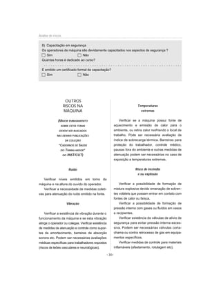 OUTROS
RISCOS NA
MÁQUINA
(MAIOR EMBASAMENTO
SOBRE ESTES TEMAS
DEVEM SER BUSCADOS
NAS DEMAIS PUBLICAÇÕES
DA COLEÇÃO
“CADERNOS DE SAÚDE
DO TRABALHADOR”
DO INST/CUT)
Ruído
Verificar níveis emitidos em torno da
máquina e na altura do ouvido do operador.
Verificar a necessidade de medidas coleti-
vas para atenuação do ruído emitido na fonte.
Vibração
Verificar a existência de vibração durante o
funcionamento da máquina e se esta vibração
atinge o operador ou colegas. Verificar existência
de medidas de atenuação e controle como supor-
tes de amortecimento, barreiras de absorção
sonora etc. Podem ser necessárias avaliações
médicas específicas para trabalhadores expostos
(riscos de leões vasculares e neurológicas).
Temperaturas
extremas
Verificar se a máquina possui fonte de
aquecimento e emissão de calor para o
ambiente, ou retira calor resfriando o local de
trabalho. Pode ser necessária avaliação de
índice de sobrecarga térmica. Barreiras para
proteção do trabalhador, controle médico,
pausas fora do ambiente e outras medidas de
atenuação podem ser necessárias no caso de
exposição a temperaturas extremas.
Risco de incêndio
e ou explosão
Verificar a possibilidade de formação de
mistura explosiva devido emanação de solven-
tes voláteis que possam entrar em contato com
fontes de calor ou faísca.
Verificar a possibilidade de formação de
pressão interna com gases ou fluídos em vasos
e recipientes.
Verificar existência de válvulas de alívio de
segurança para evitar pressão interna exces-
siva. Podem ser necessárias válvulas corta-
chama ou contra retrocesso de gás em equipa-
mentos específicos.
Verificar medidas de controle para materiais
inflamáveis (afastamento, rotulagem etc).
- 30-
Análise de riscos
8) Capacitação em segurança
Os operadores de máquina são devidamente capacitados nos aspectos de segurança ?
c Sim c Não
Quantas horas é dedicado ao curso?
. . . . . . . . . . . . . . . . . . . . . . . . . . . . . . . . . . . . . . . . . . . . . . . . . . . . . . . . . . . . . . . . . . . . . . . . . . . . . .
É emitido um certificado formal de capacitação?
c Sim c Não
 