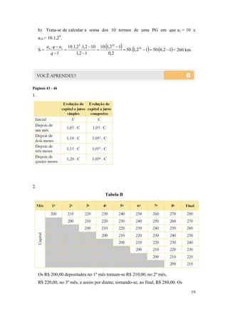 19
b) Trata-se de calcular a soma dos 10 termos de uma PG em que a1 = 10 e
a10 = 10.1,29
.
S =
     12,6.5012,1.50
2,0
12,1.10
12,1
102,1.2,1.10
1
. 10
109
1








q
aqan
= 260 km.
Páginas 43 - 46
1.
2.
Tabela B
Os R$ 200,00 depositados no 1º mês tornam-se R$ 210,00, no 2º mês,
R$ 220,00, no 3º mês, e assim por diante, tornando-se, ao final, R$ 280,00. Os
 